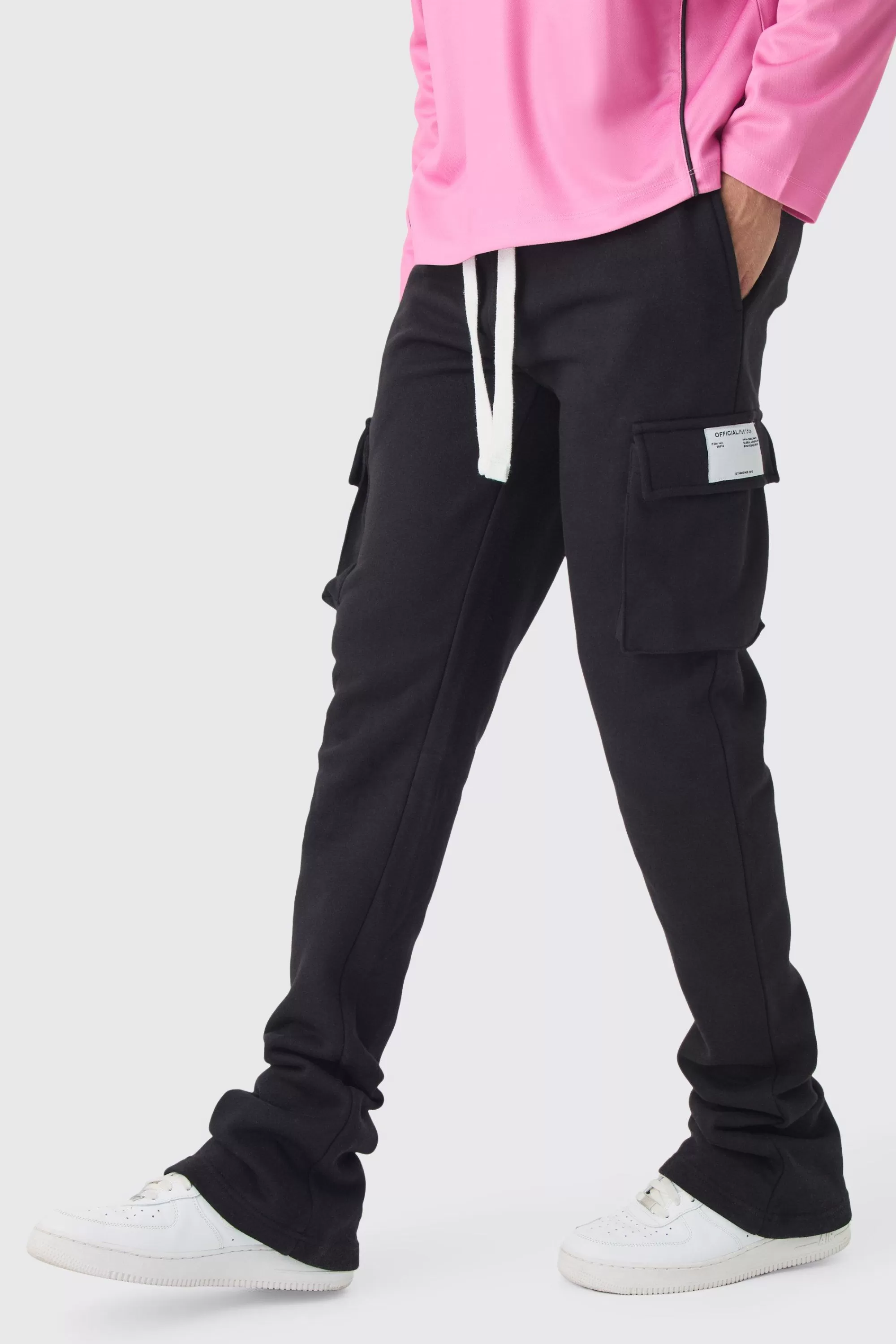 boohooMAN Slim Fit Extreme Stacked Woven Tab Cargo Jogger | UK