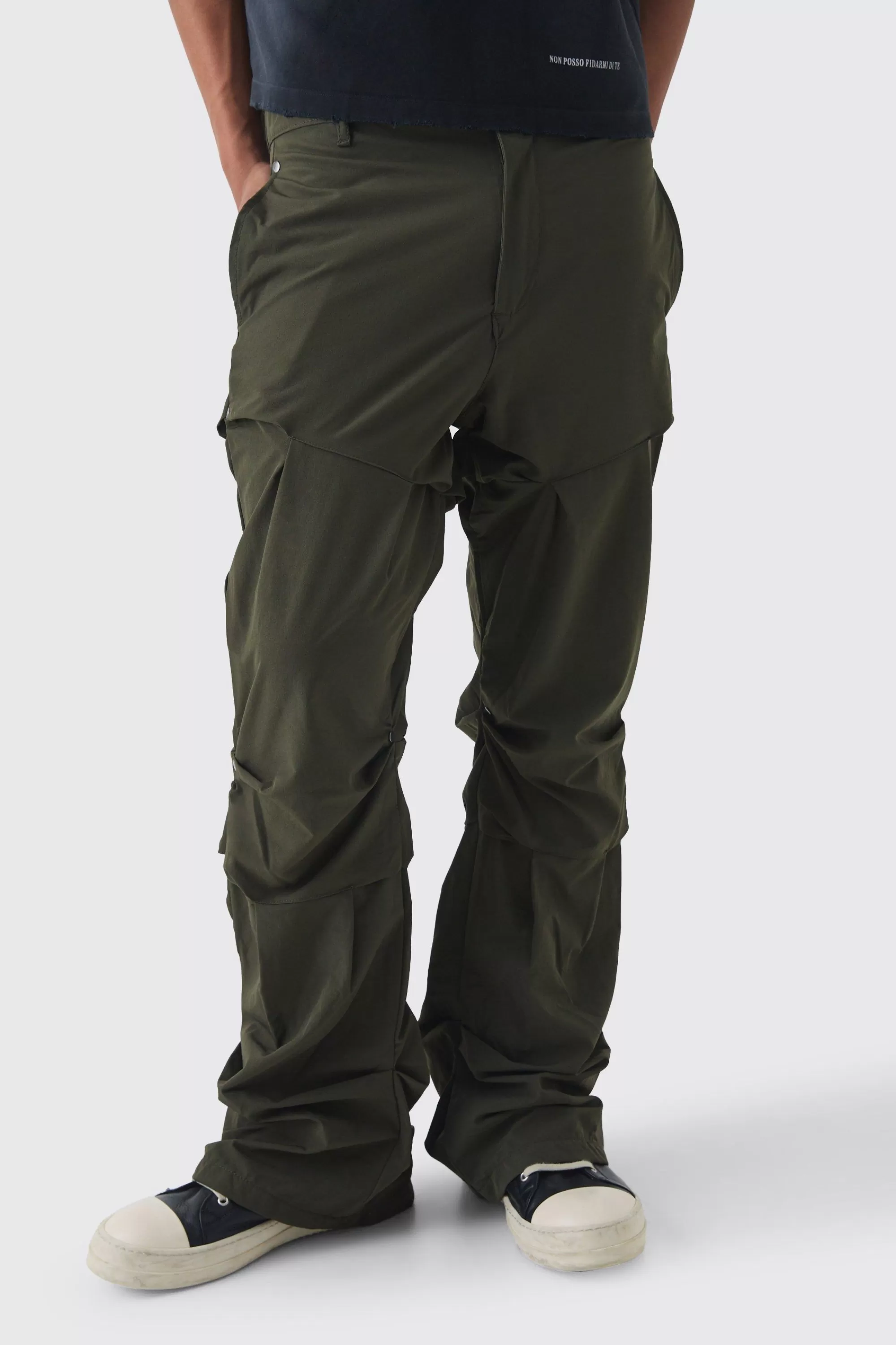boohooMAN Slim Fit Flare Stacked Trousers With Ruched Detail | UK
