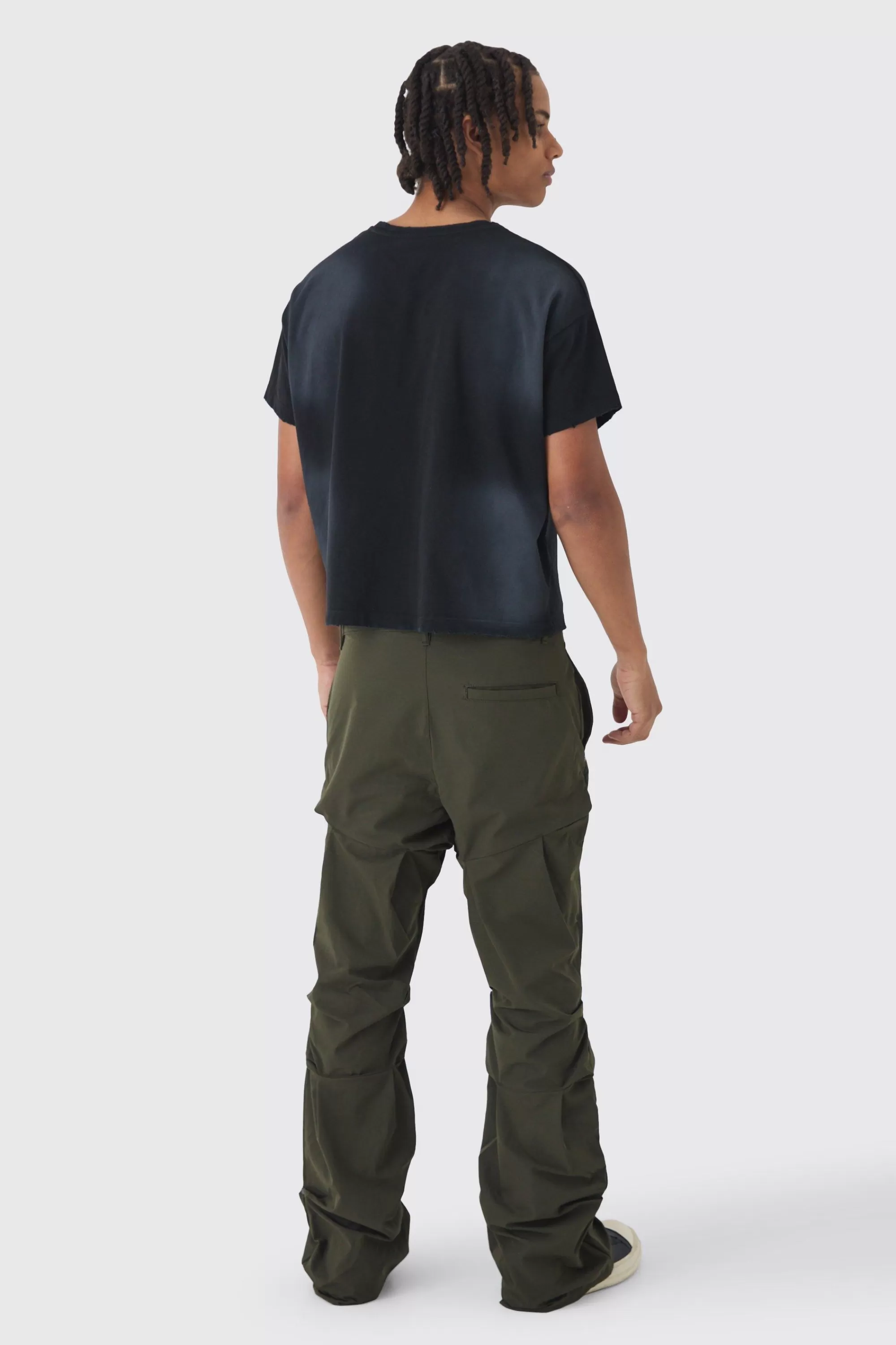 boohooMAN Slim Fit Flare Stacked Trousers With Ruched Detail | UK