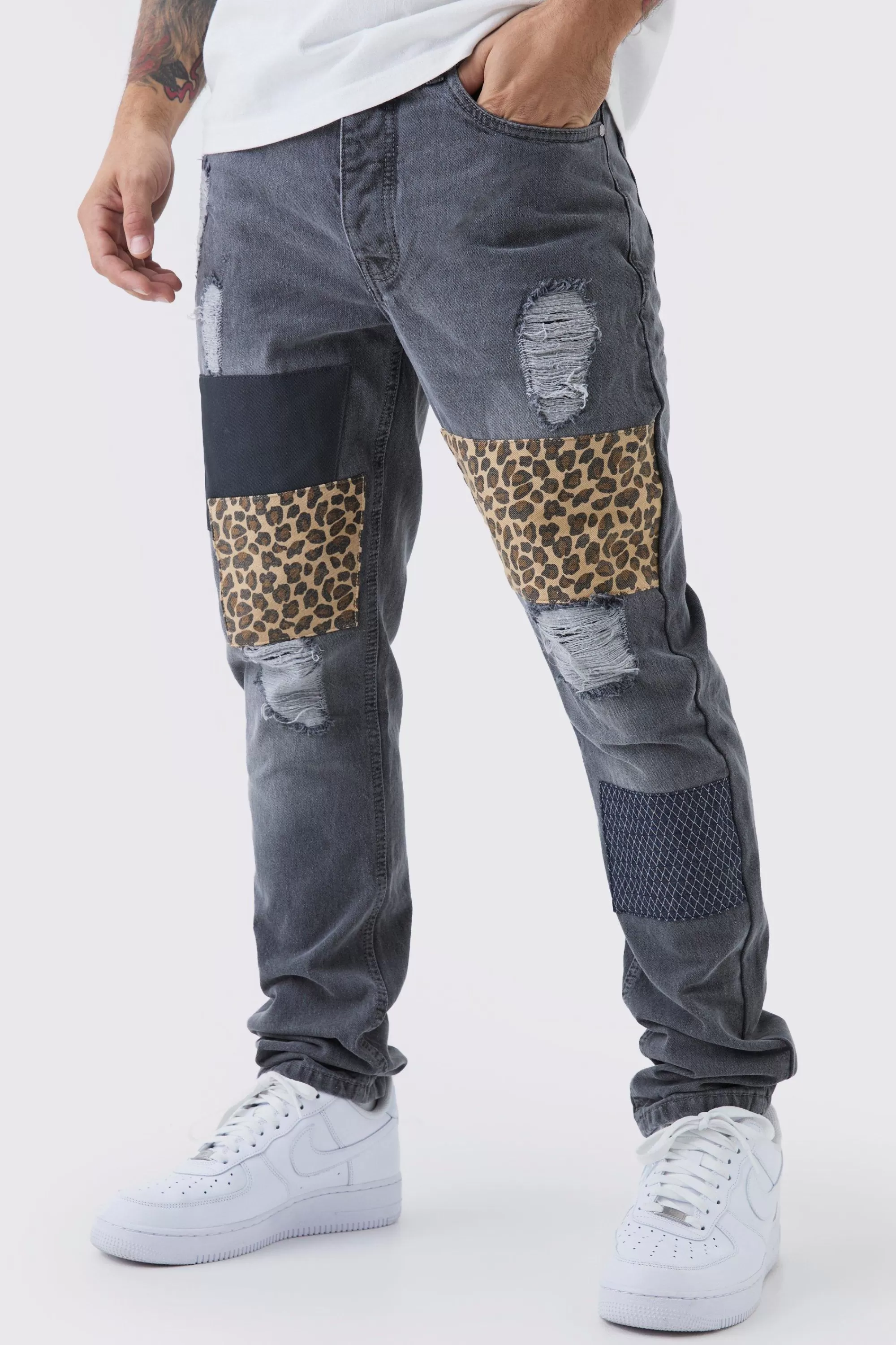 boohooMAN Slim Fit Patchwork Leopard Ripped Jeans | UK