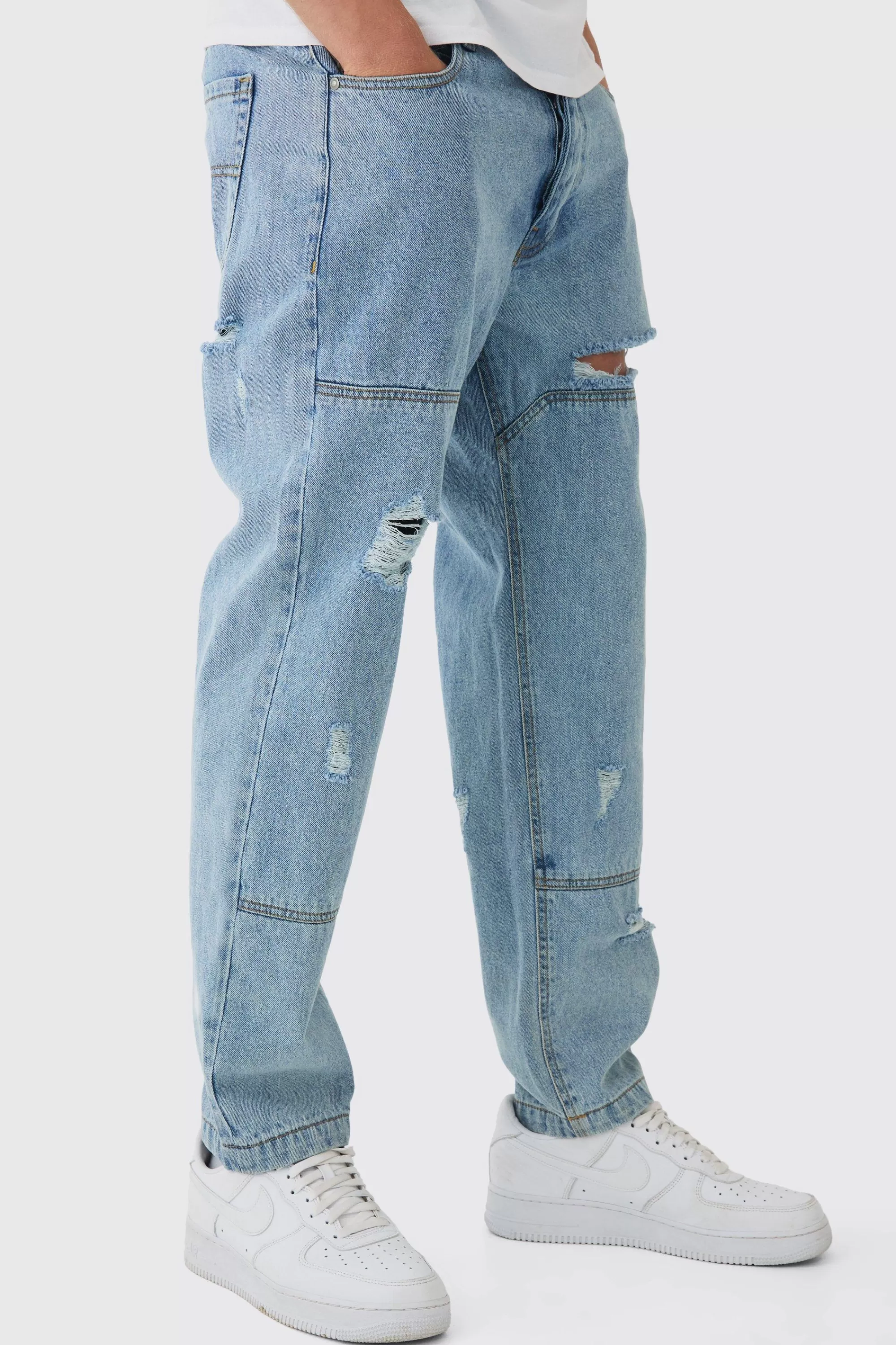 boohooMAN Slim Fit Ripped Carpenter Panelled Jeans | UK