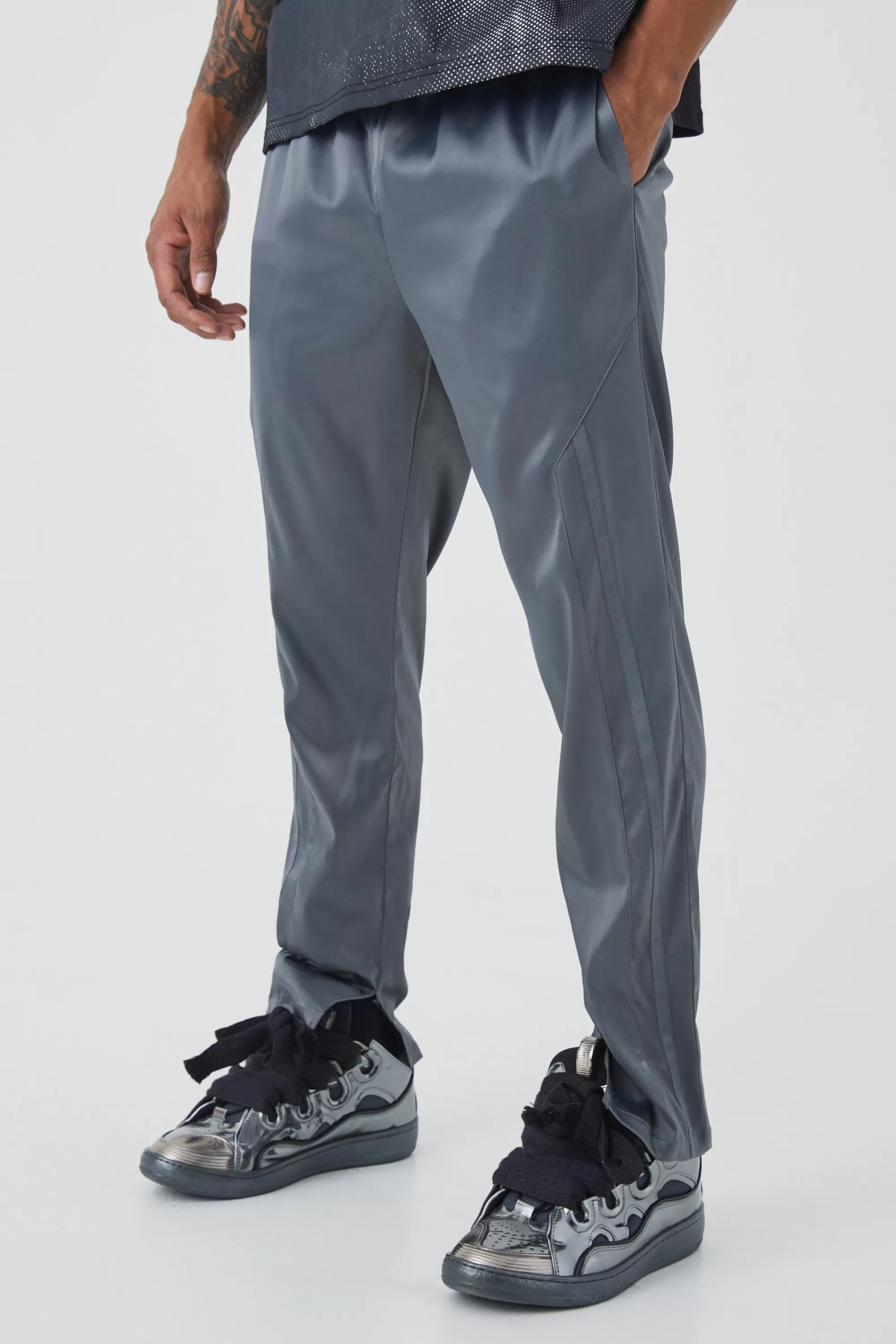 boohooMAN Slim Fit Satin Split Hem Tape Trouser | UK