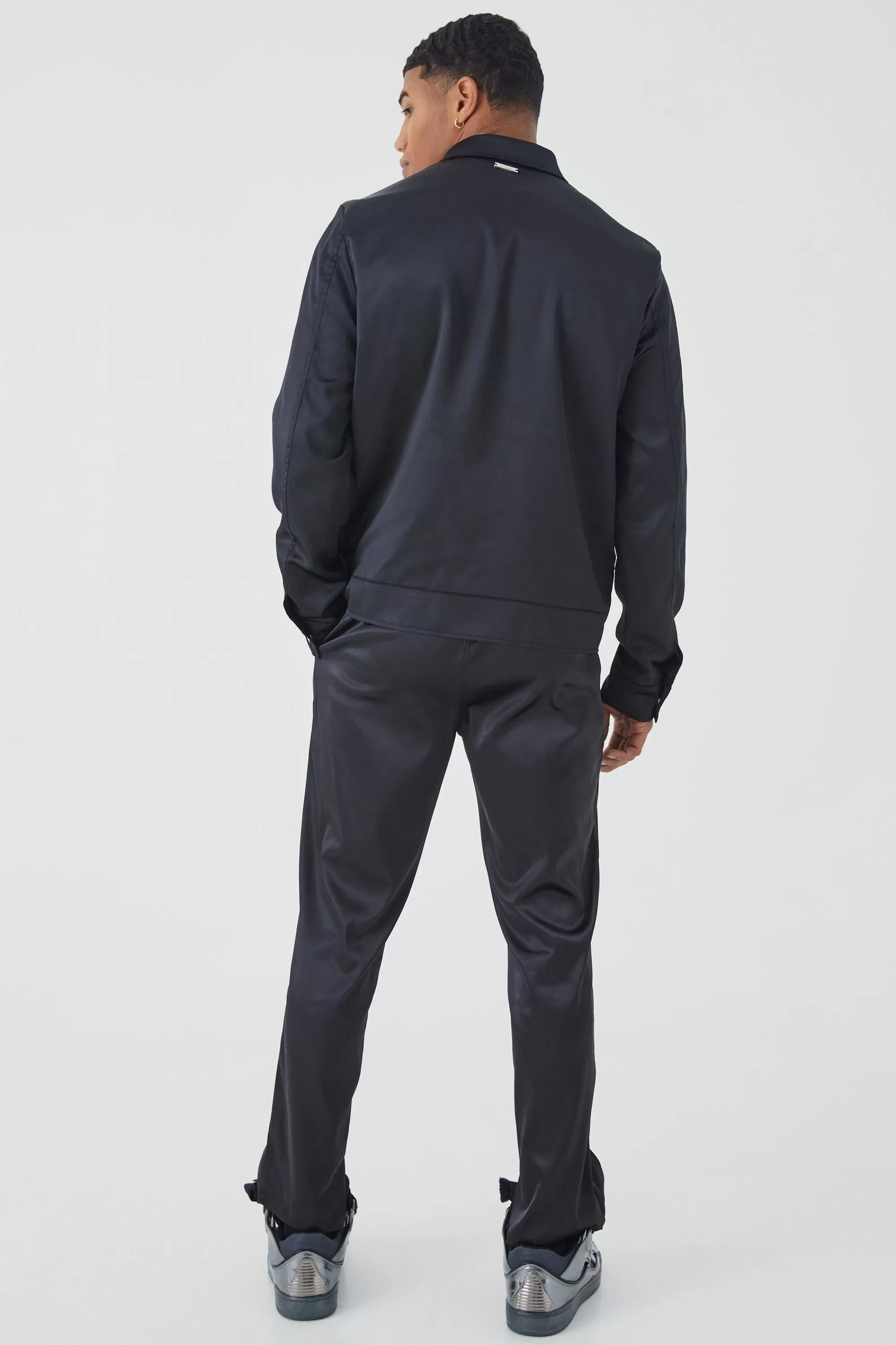 boohooMAN Slim Fit Satin Split Hem Tape Trouser | UK