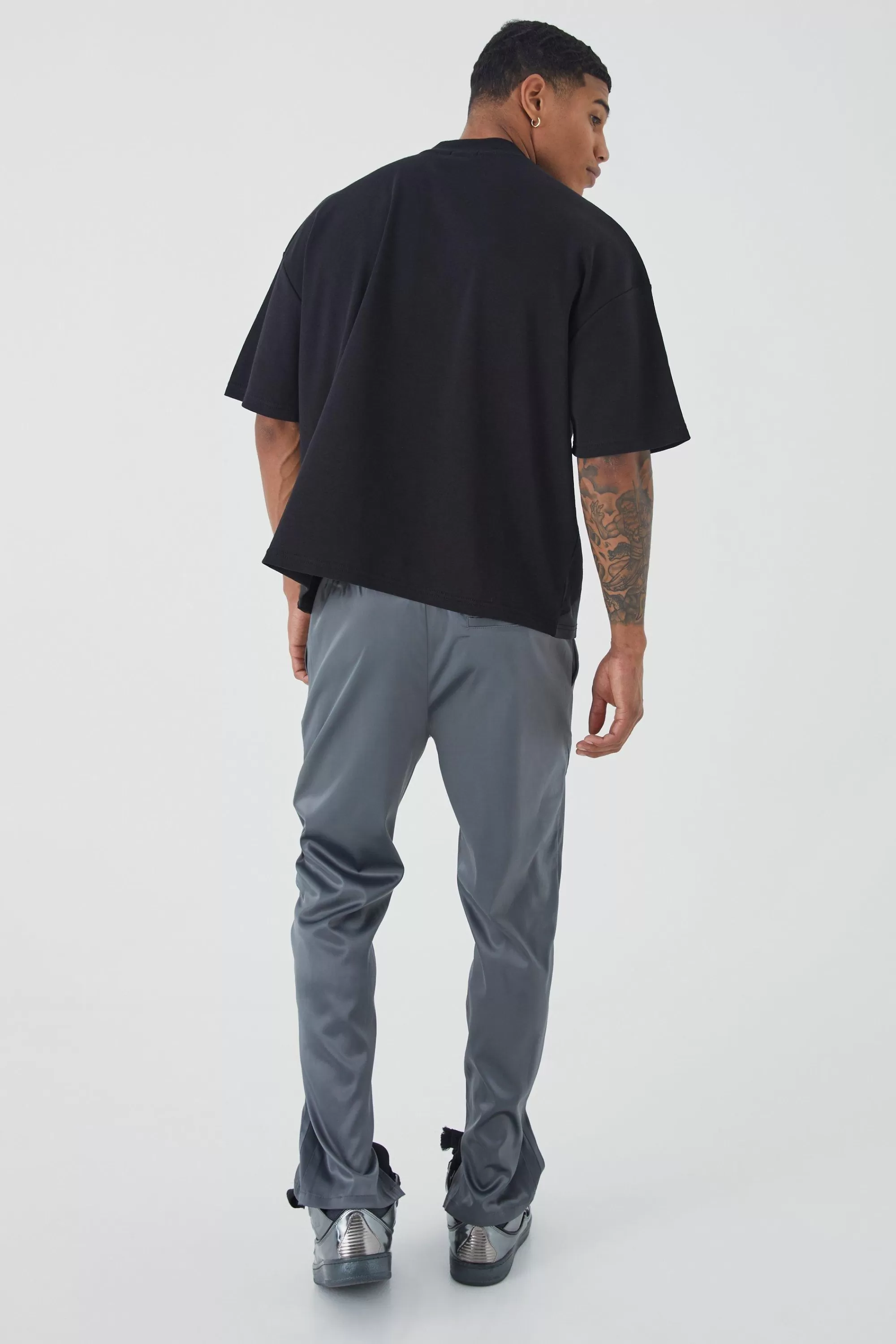 boohooMAN Slim Fit Satin Split Hem Tape Trouser | UK