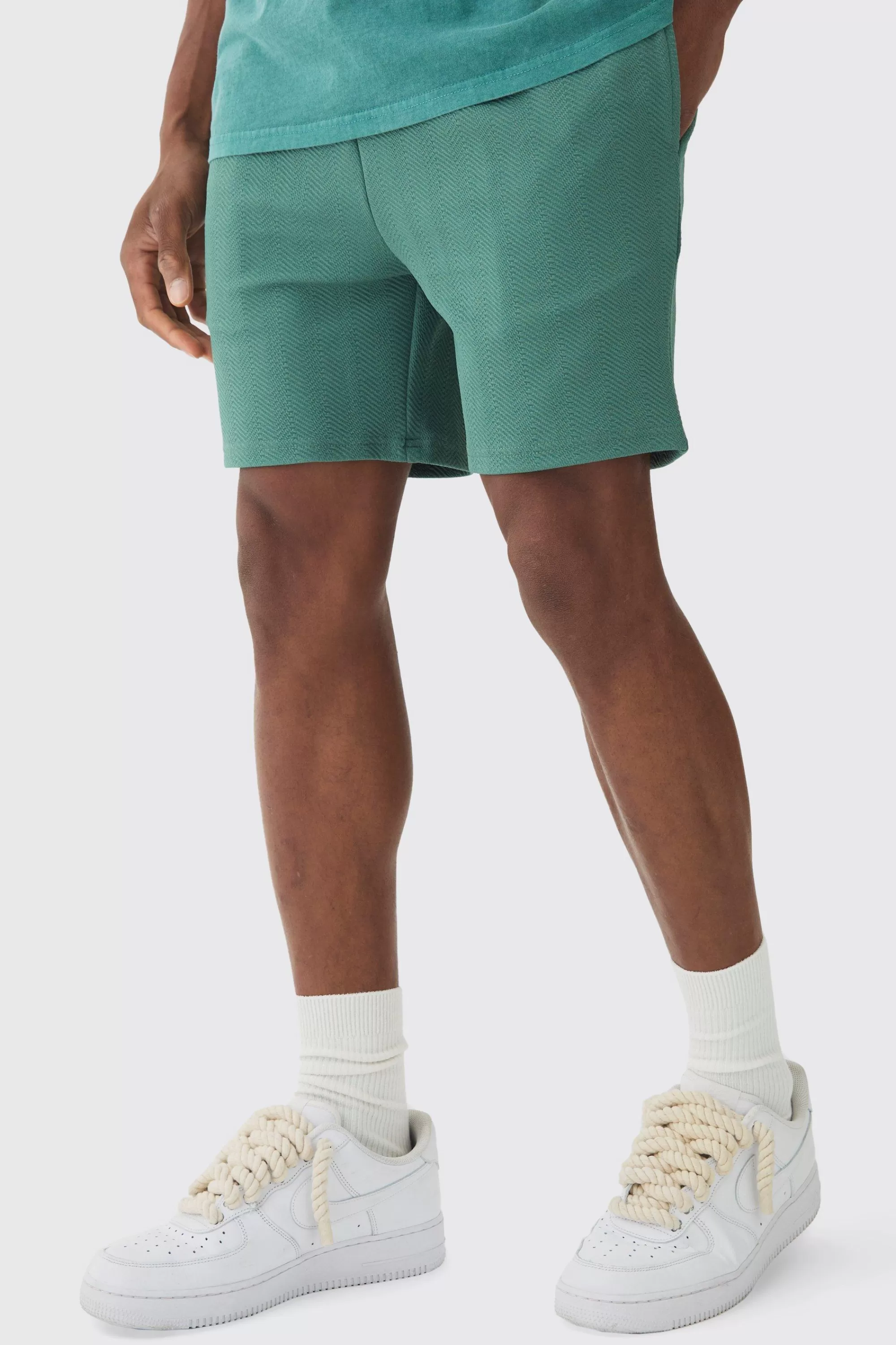 boohooMAN Slim Fit Short Length Herringbone Short | UK