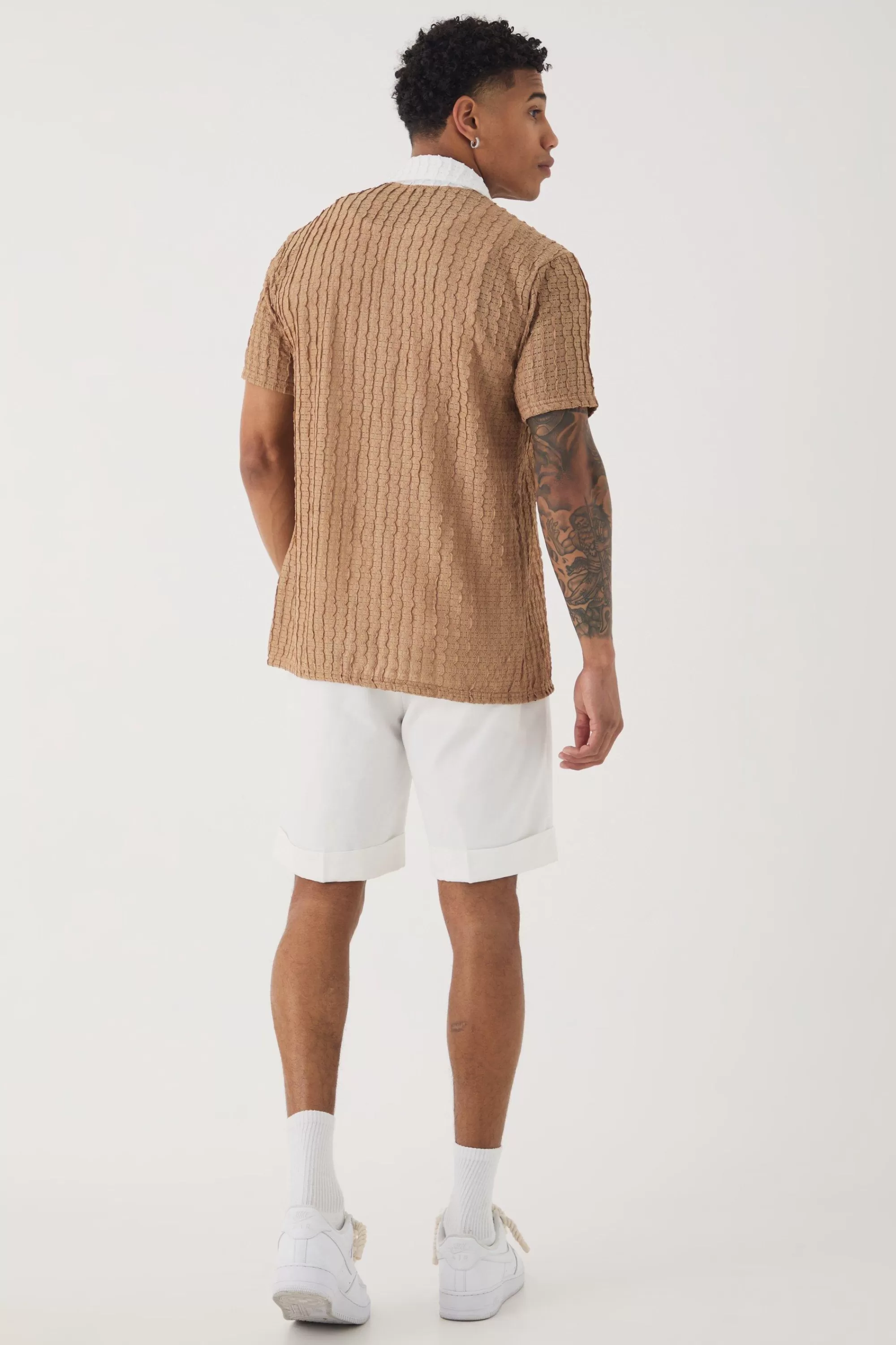boohooMAN Slim Fit Textured Stripe Short Sleeve Shirt | UK