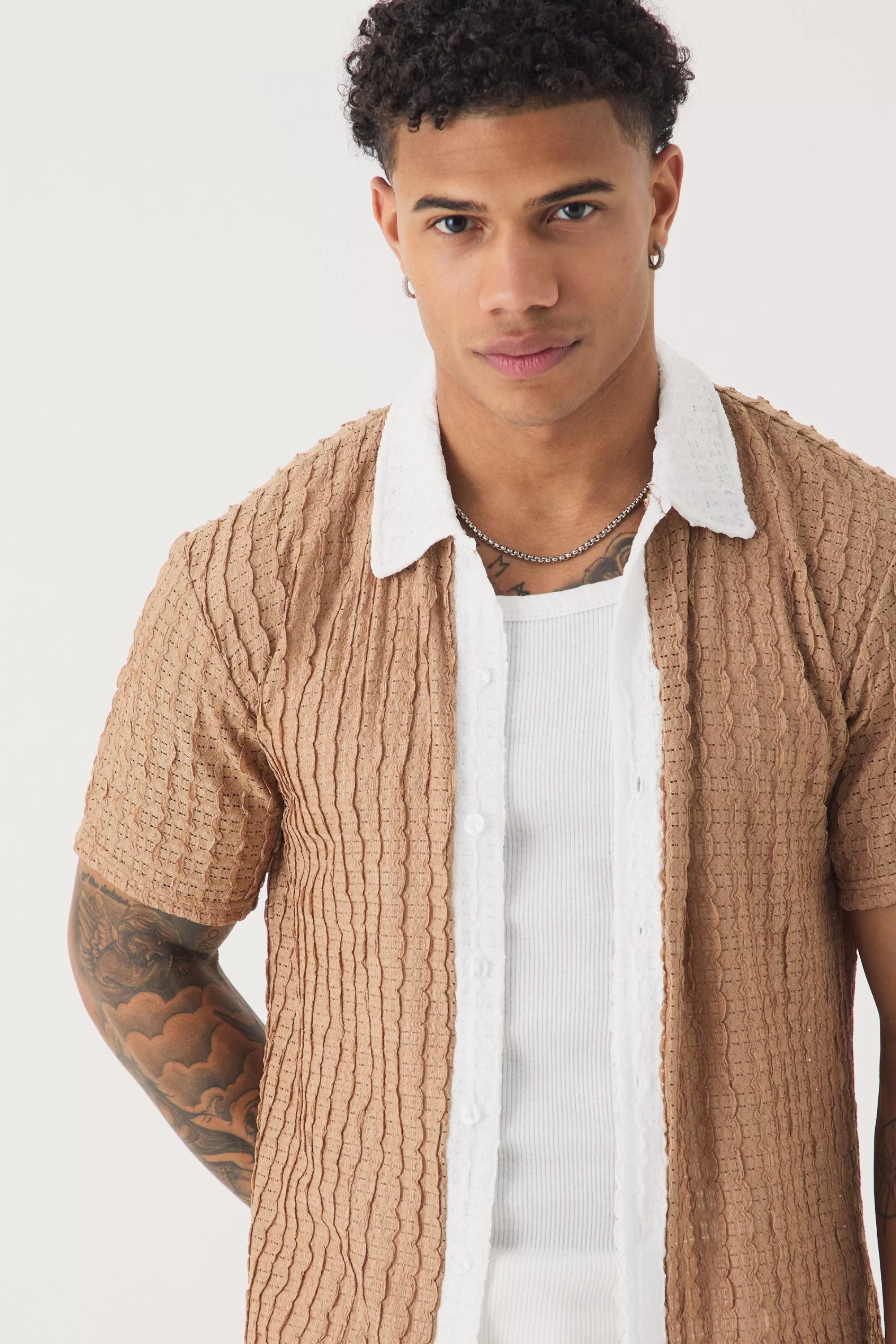 boohooMAN Slim Fit Textured Stripe Short Sleeve Shirt | UK