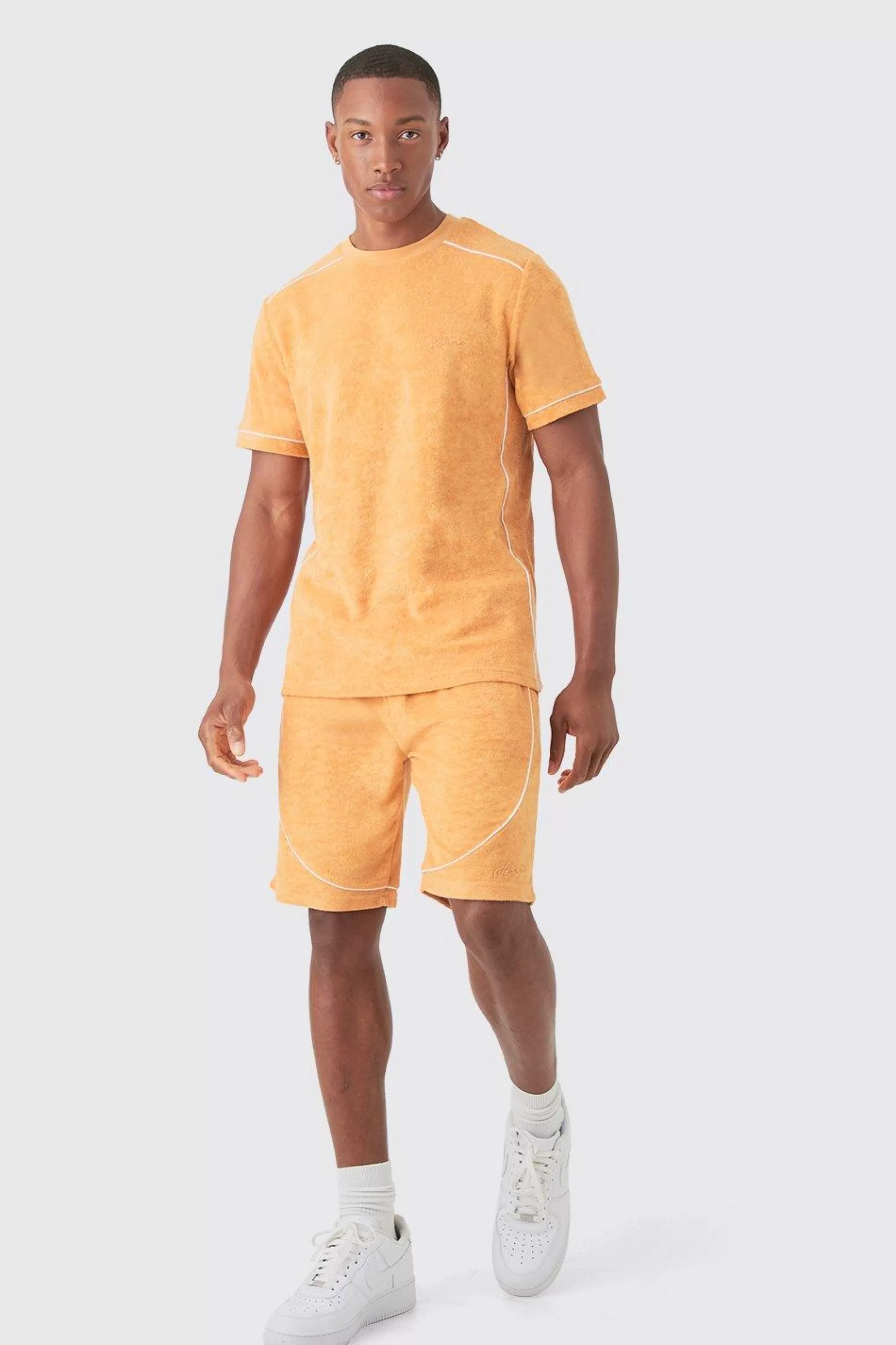 boohooMAN Slim Fit Towelling Piping T-shirt & Short Set | UK