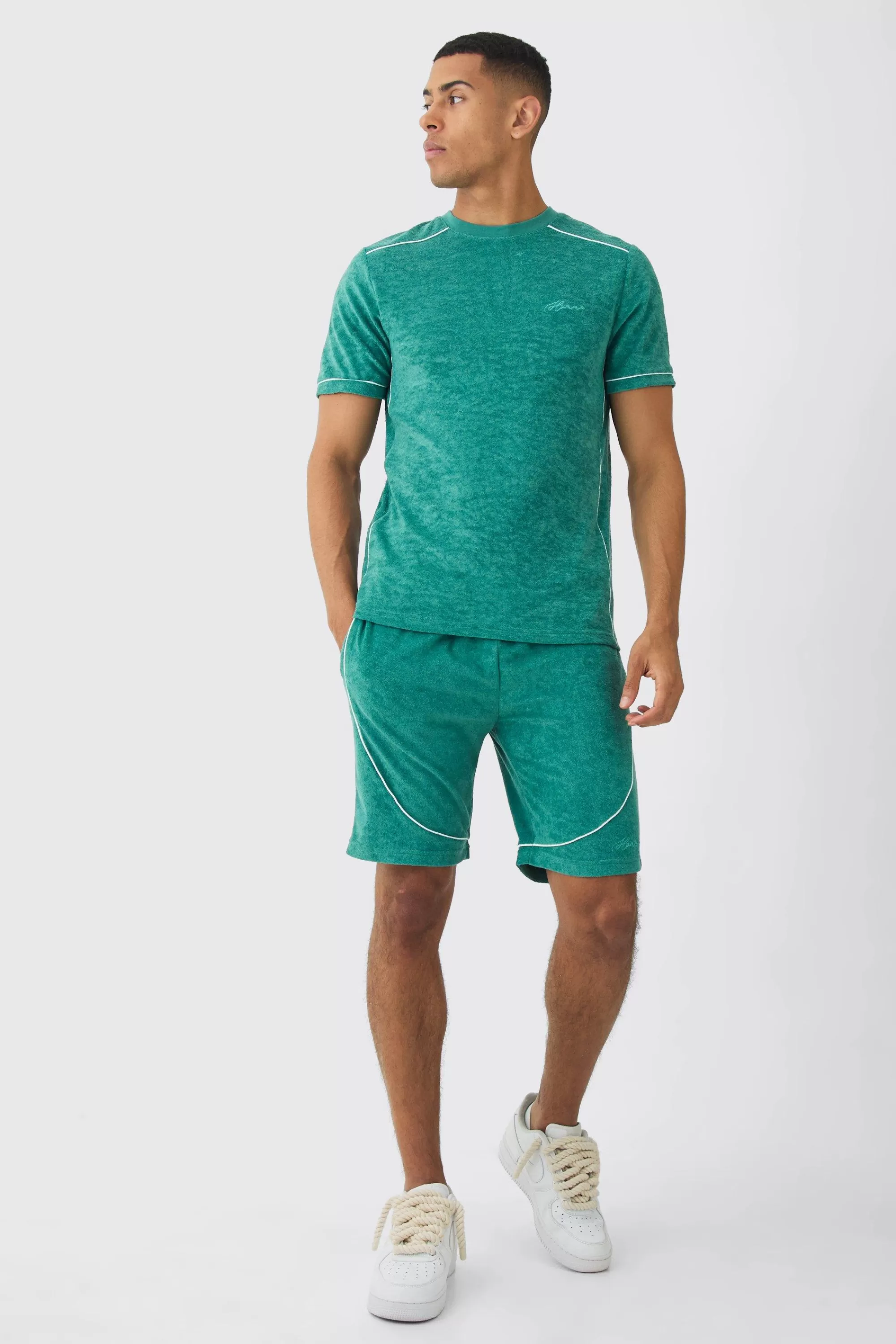 boohooMAN Slim Fit Towelling Piping T-shirt & Short Set | UK