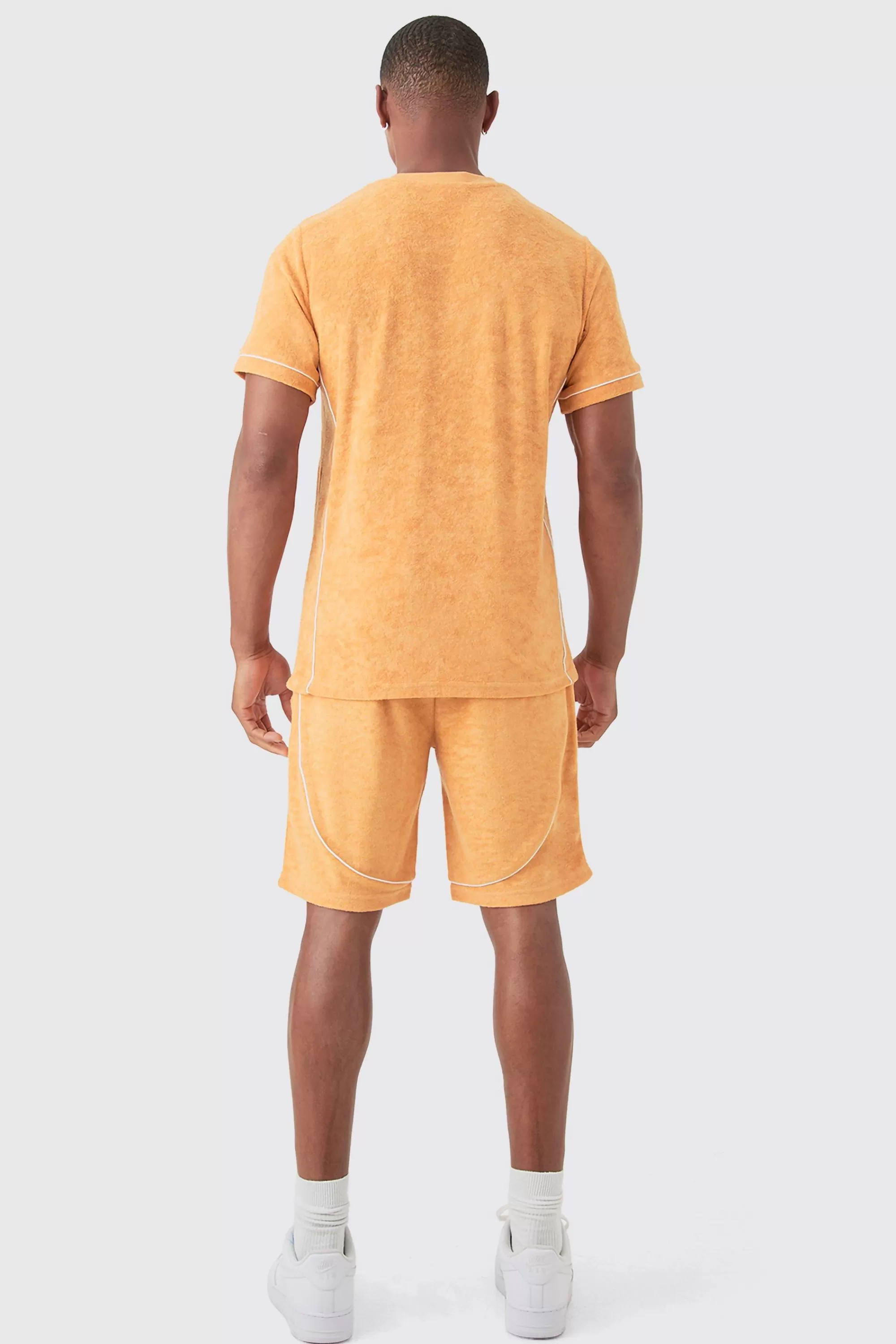 boohooMAN Slim Fit Towelling Piping T-shirt & Short Set | UK