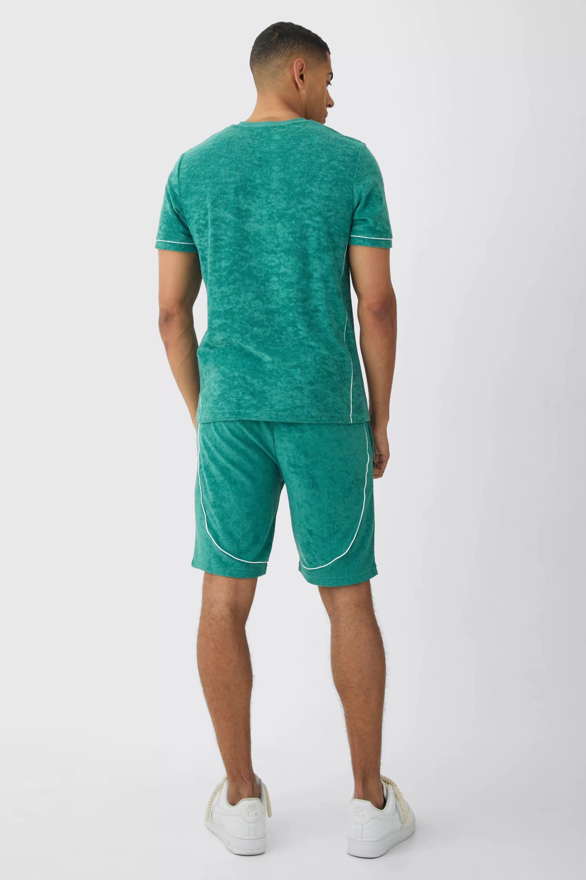 boohooMAN Slim Fit Towelling Piping T-shirt & Short Set | UK