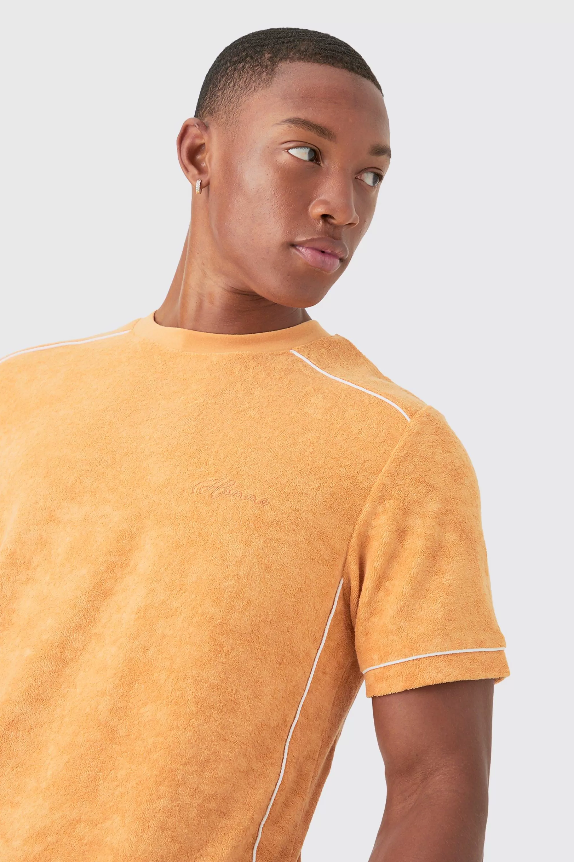 boohooMAN Slim Fit Towelling Piping T-shirt & Short Set | UK