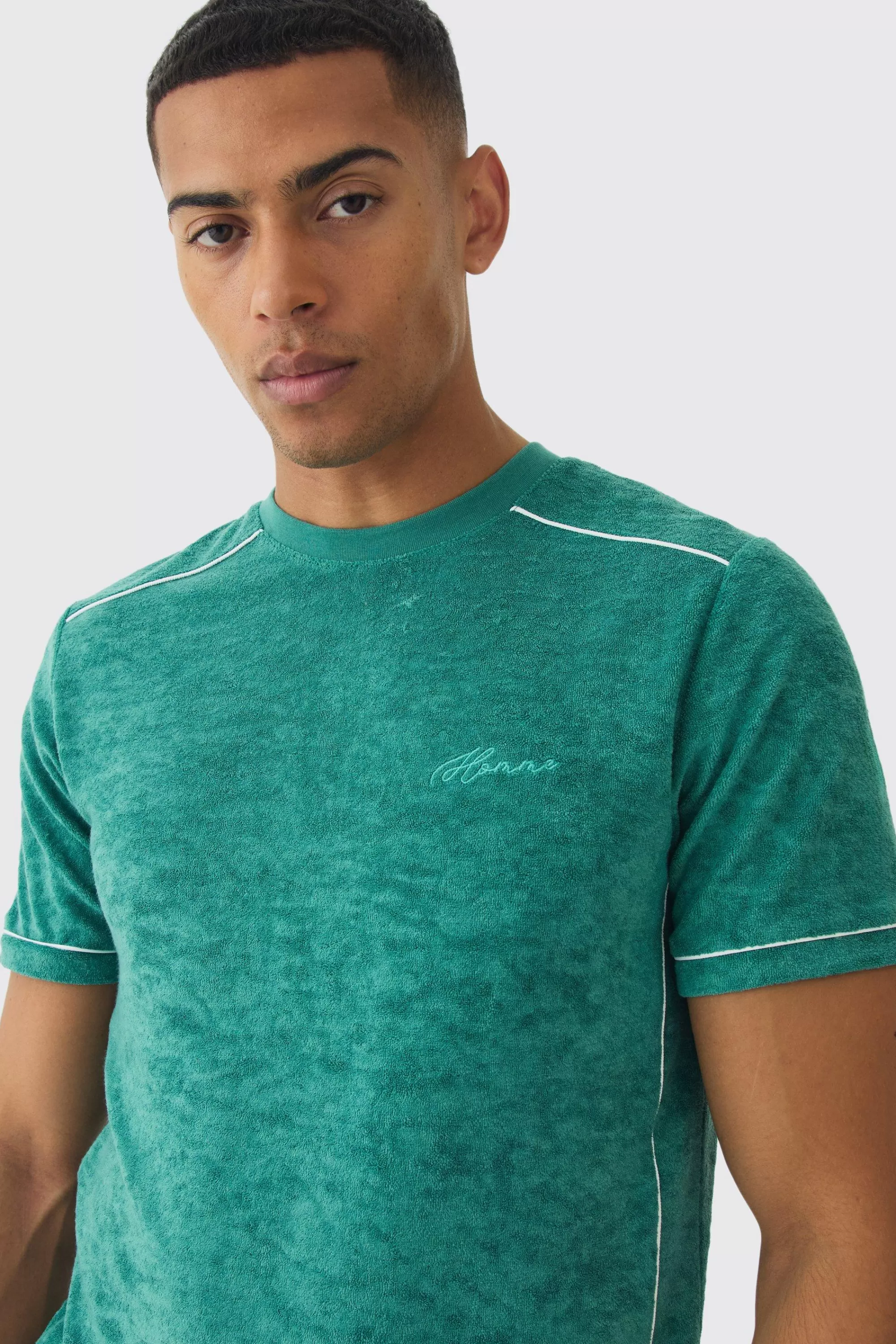 boohooMAN Slim Fit Towelling Piping T-shirt & Short Set | UK