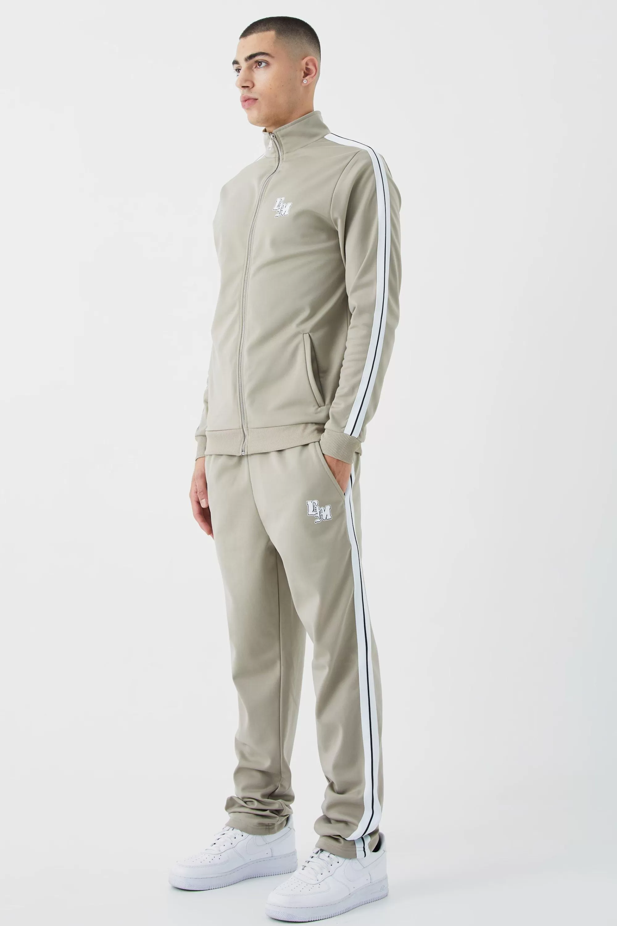 boohooMAN Slim Fit Tricot Side Tape Funnel Neck Tracksuit | UK
