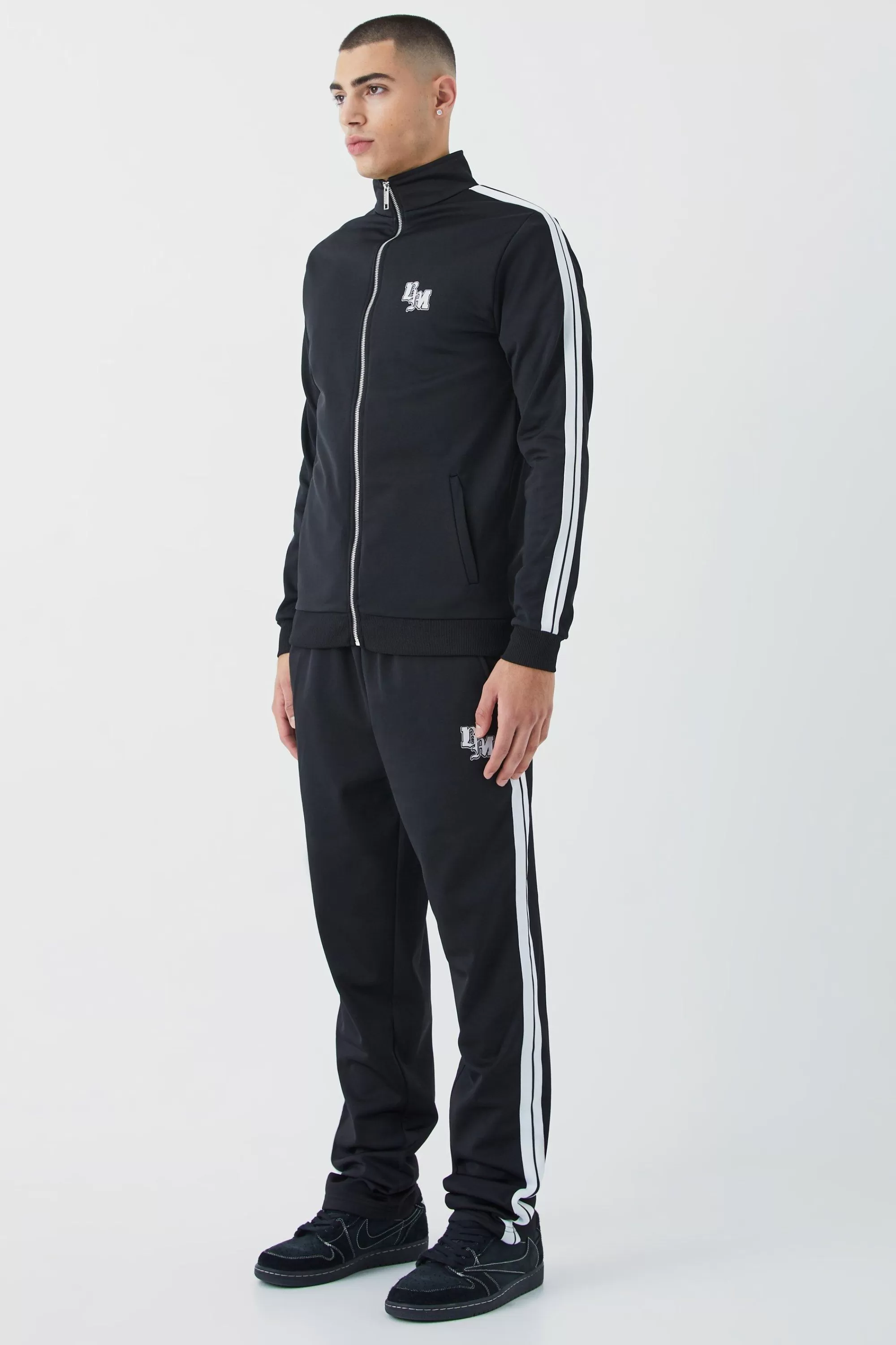 boohooMAN Slim Fit Tricot Side Tape Funnel Neck Tracksuit | UK