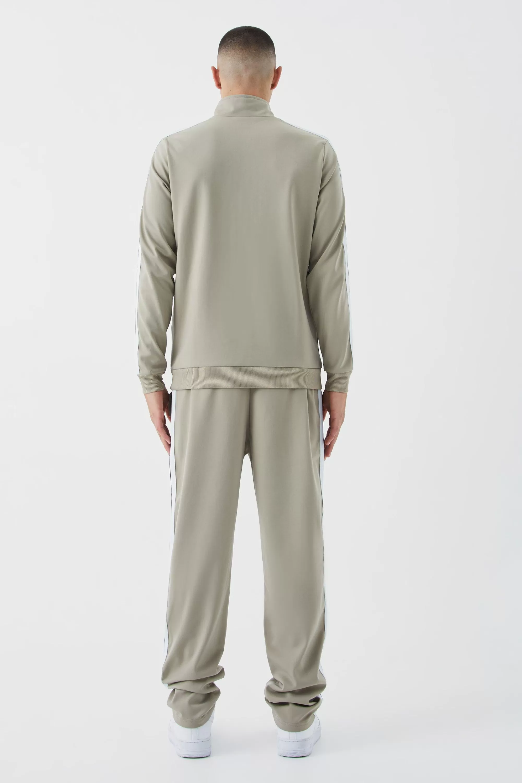 boohooMAN Slim Fit Tricot Side Tape Funnel Neck Tracksuit | UK