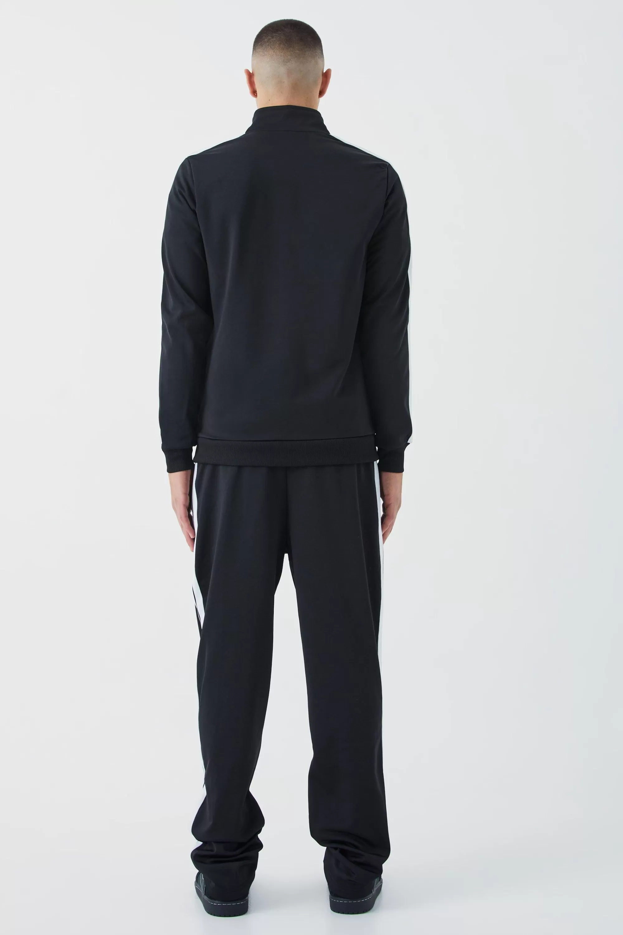 boohooMAN Slim Fit Tricot Side Tape Funnel Neck Tracksuit | UK
