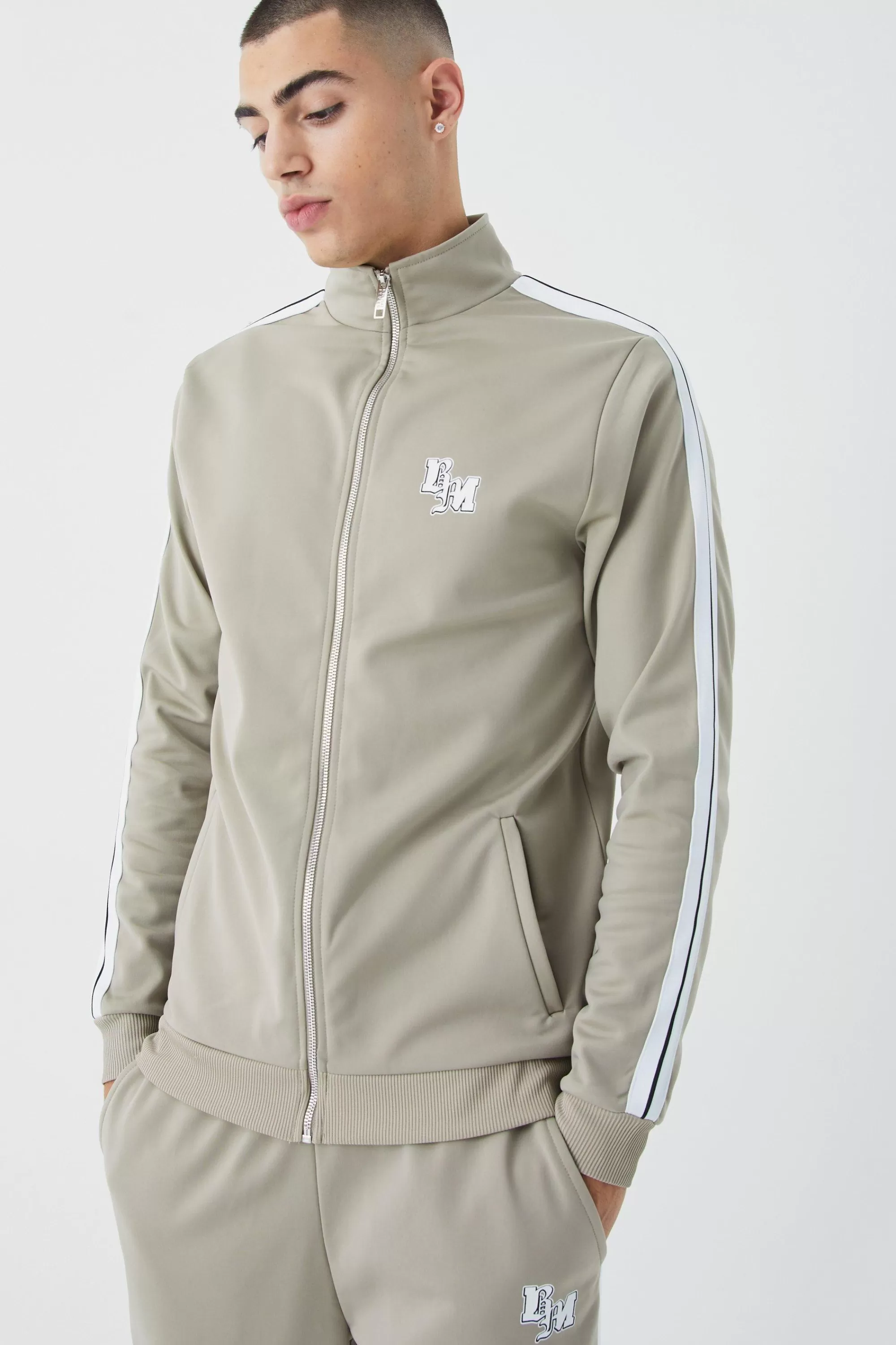 boohooMAN Slim Fit Tricot Side Tape Funnel Neck Tracksuit | UK