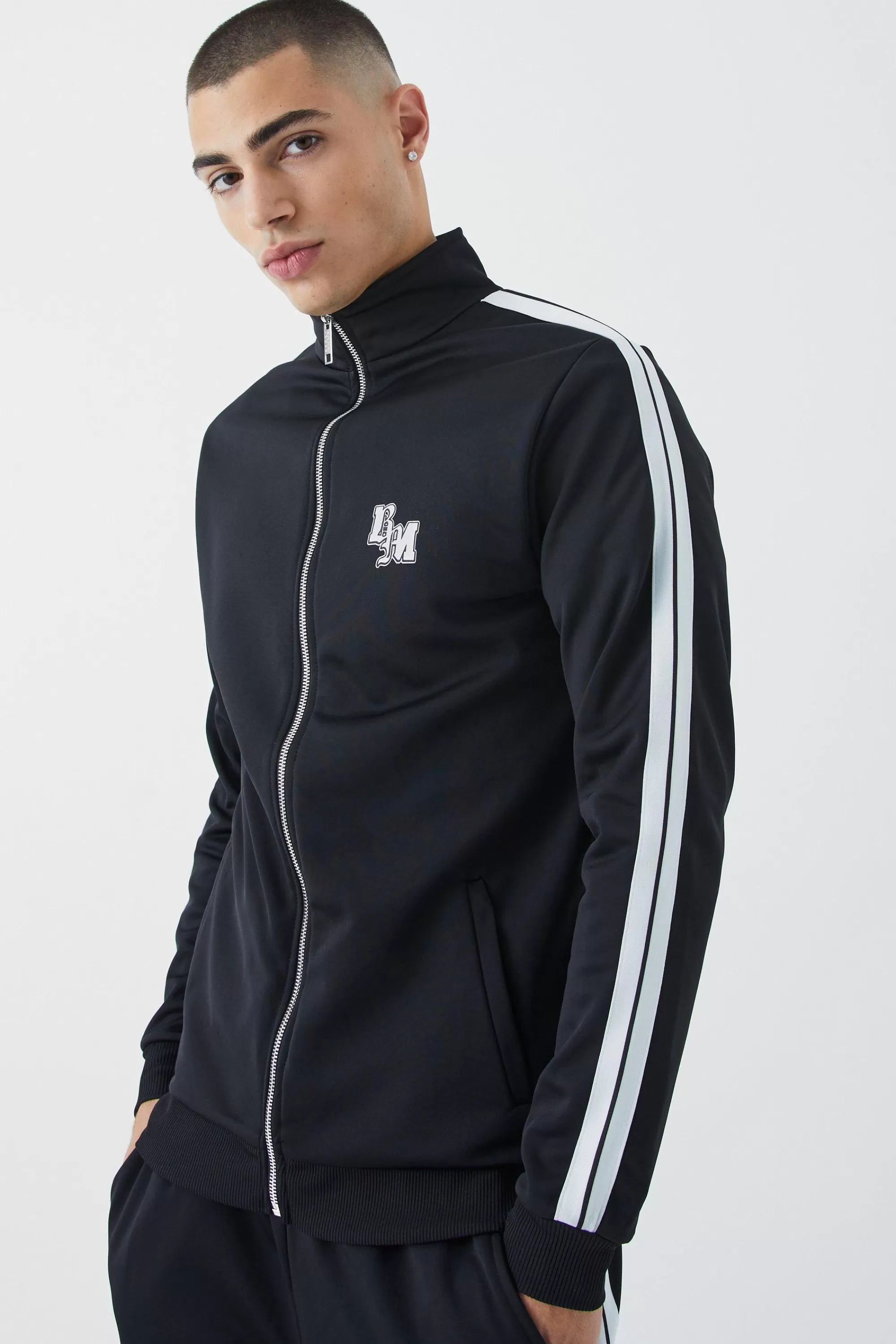 boohooMAN Slim Fit Tricot Side Tape Funnel Neck Tracksuit | UK