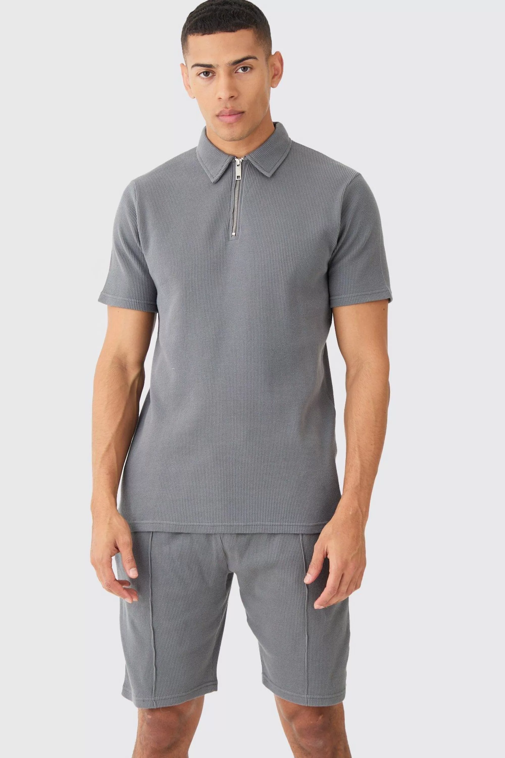 boohooMAN Slim Fit Waffle Polo & Short Set | UK