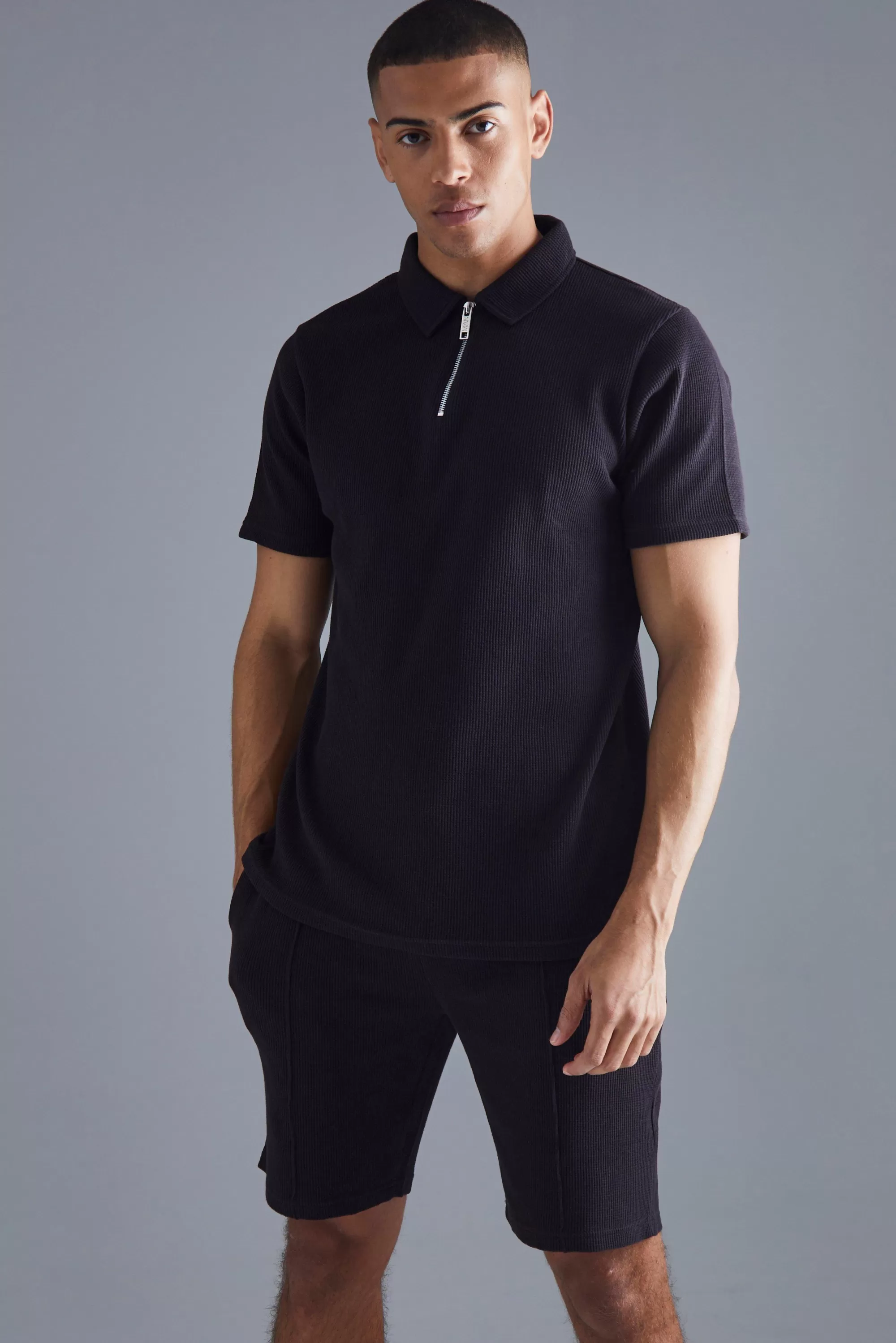 boohooMAN Slim Fit Waffle Polo & Short Set | UK