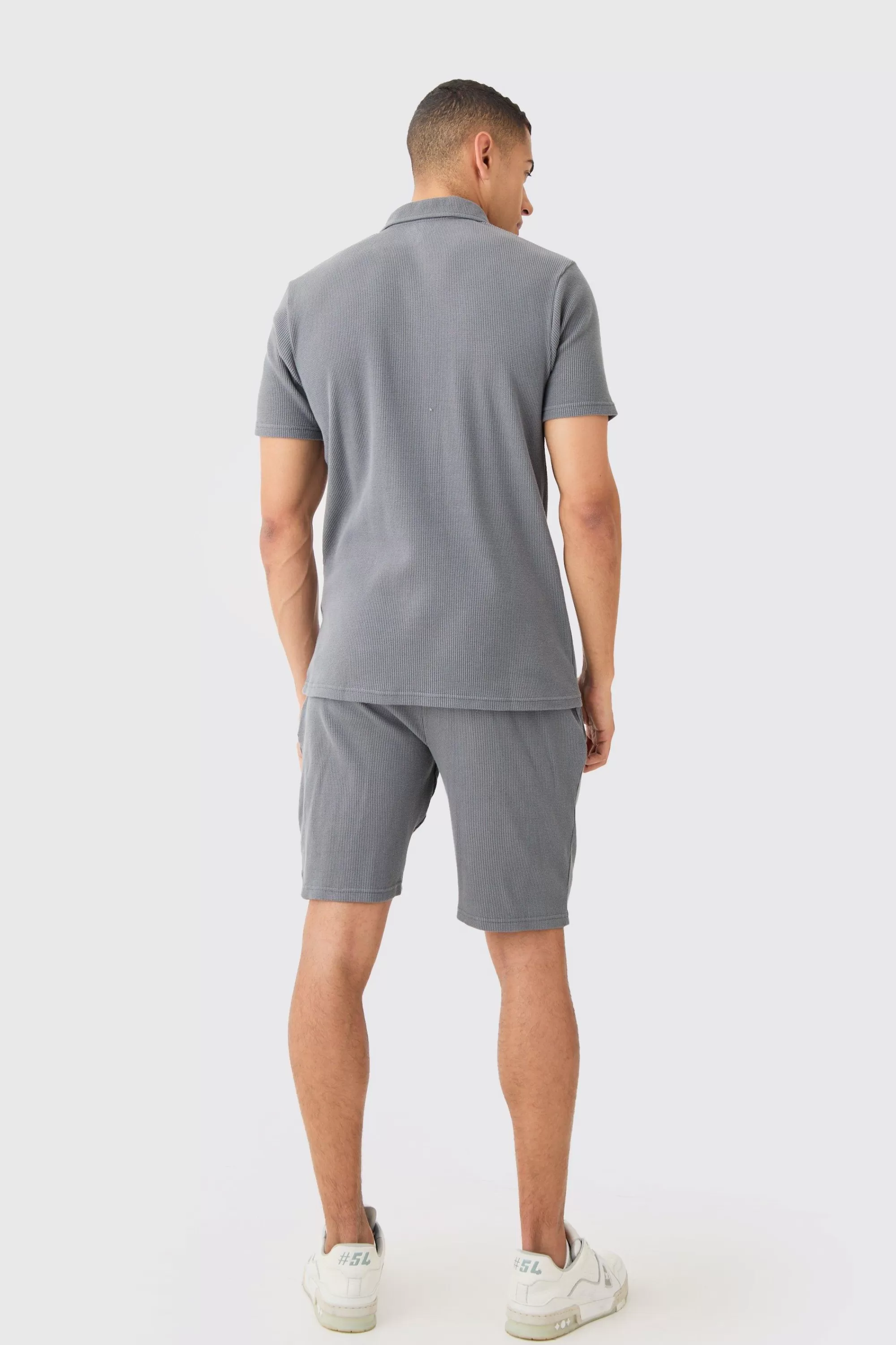 boohooMAN Slim Fit Waffle Polo & Short Set | UK