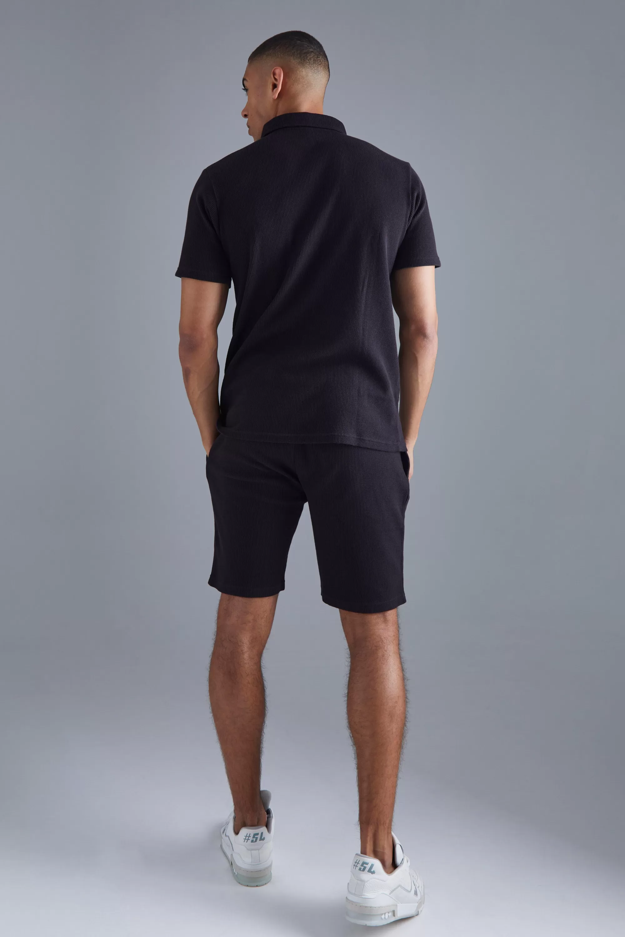 boohooMAN Slim Fit Waffle Polo & Short Set | UK