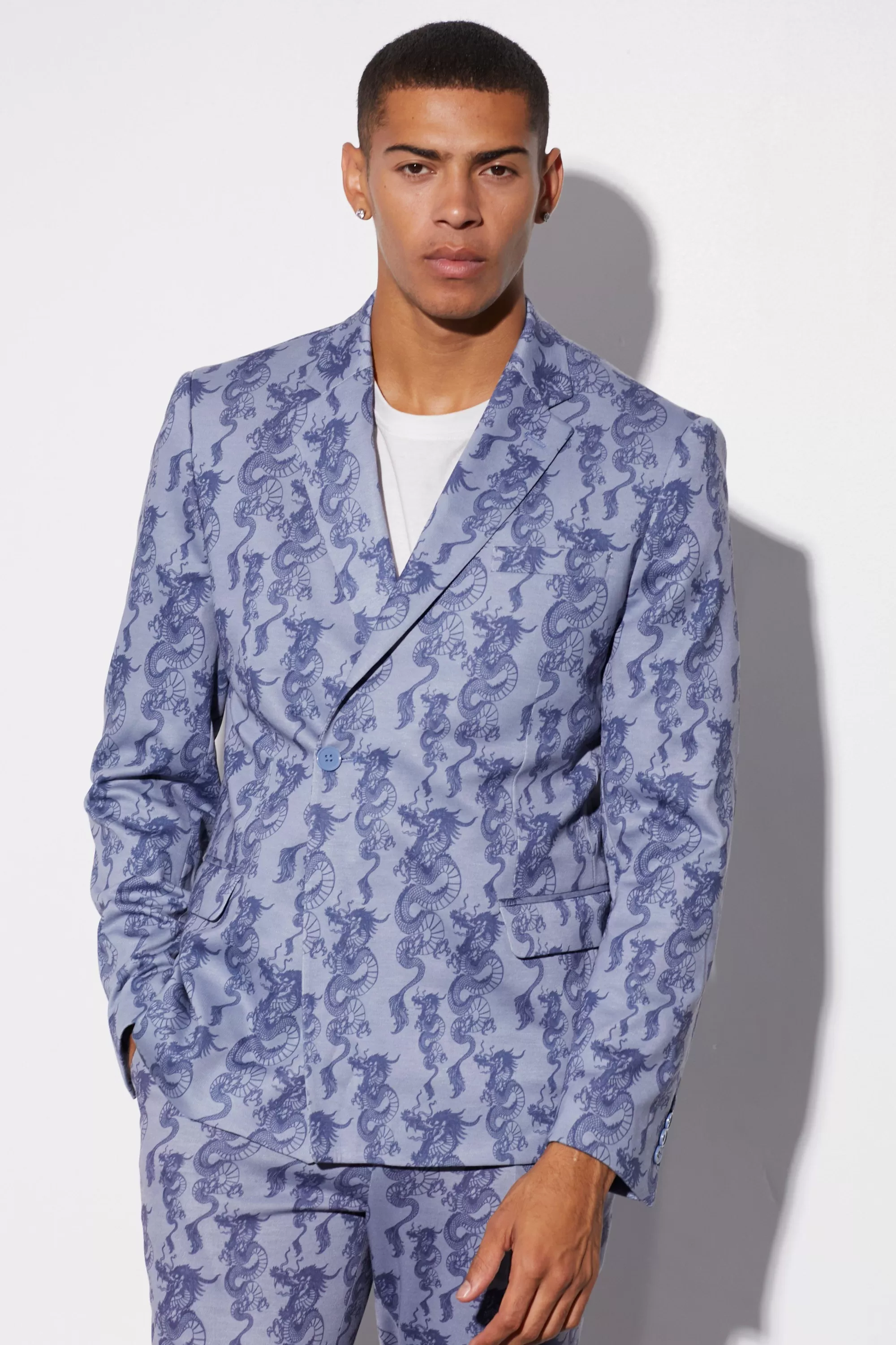 boohooMAN Slim Fit Wrap Dragon Printed Suit Jacket | UK