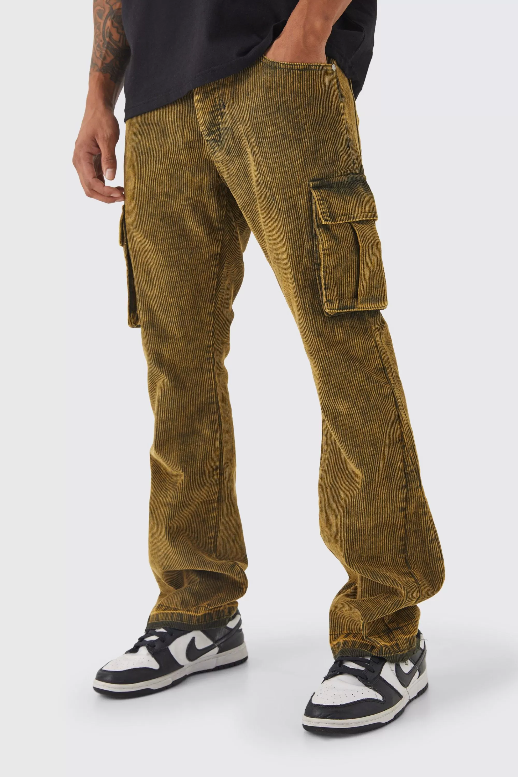 boohooMAN Slim Flare Acid Wash Cargo Corduroy Trouser | UK