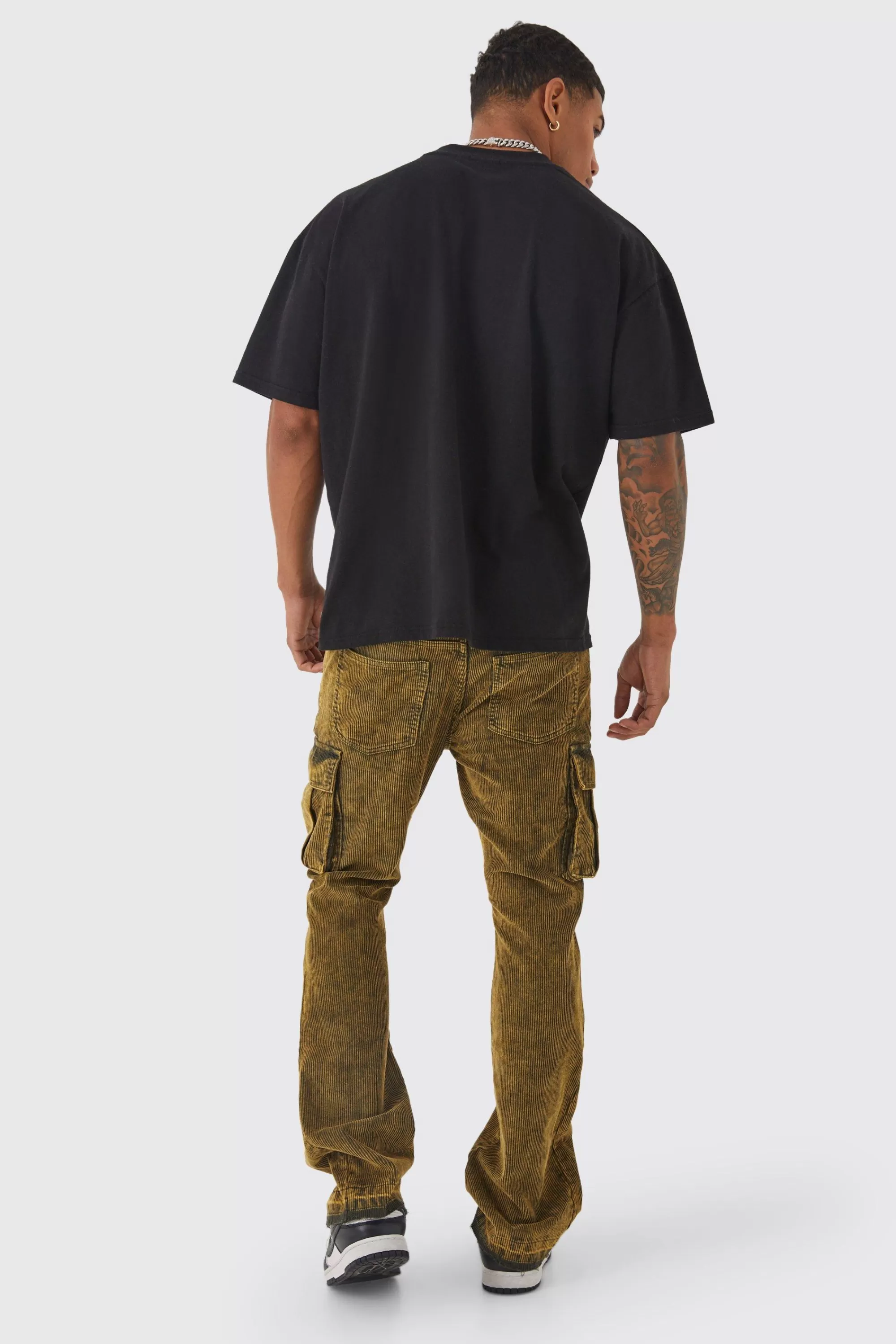 boohooMAN Slim Flare Acid Wash Cargo Corduroy Trouser | UK