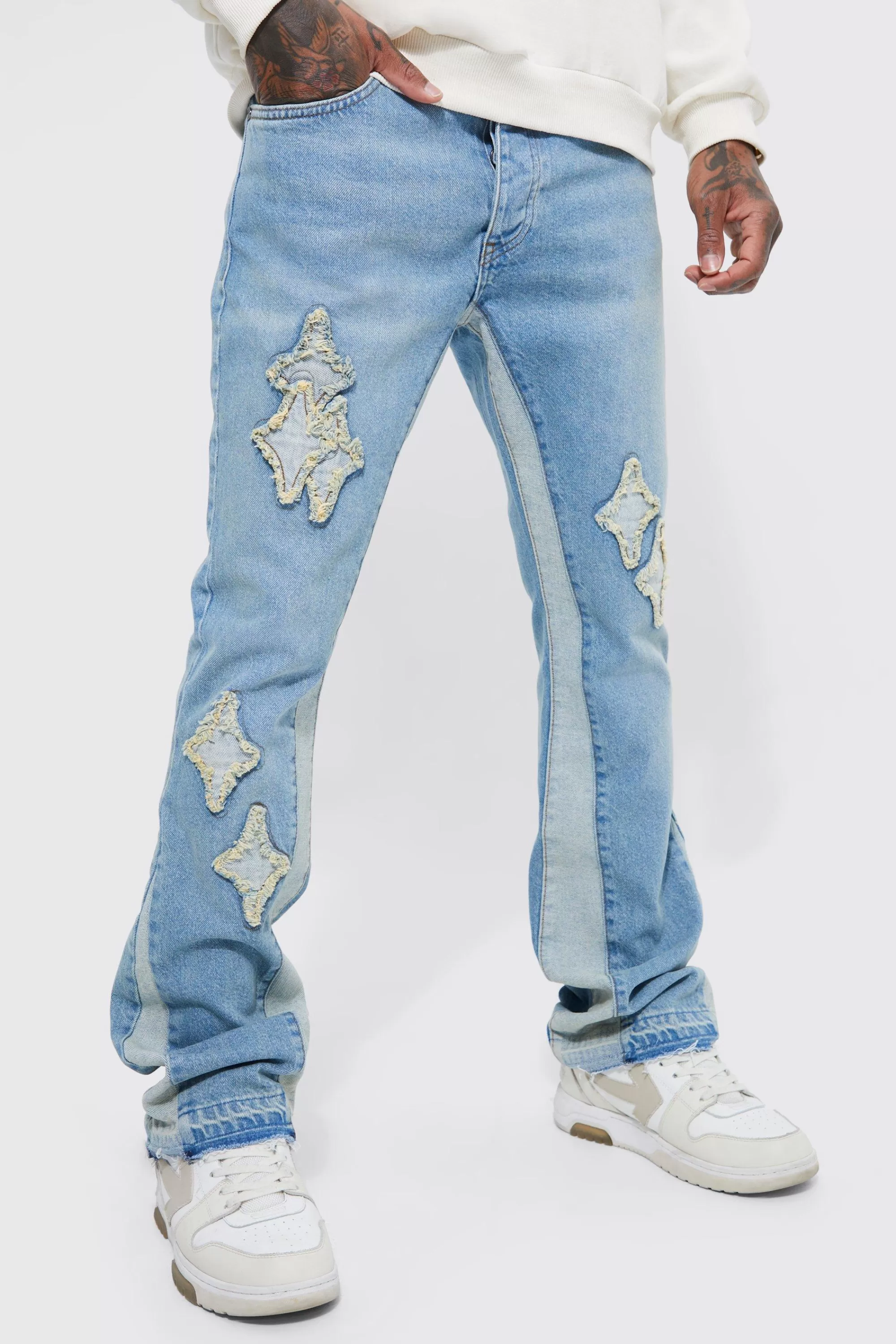 boohooMAN Slim Flare Applique Panel Jeans | UK
