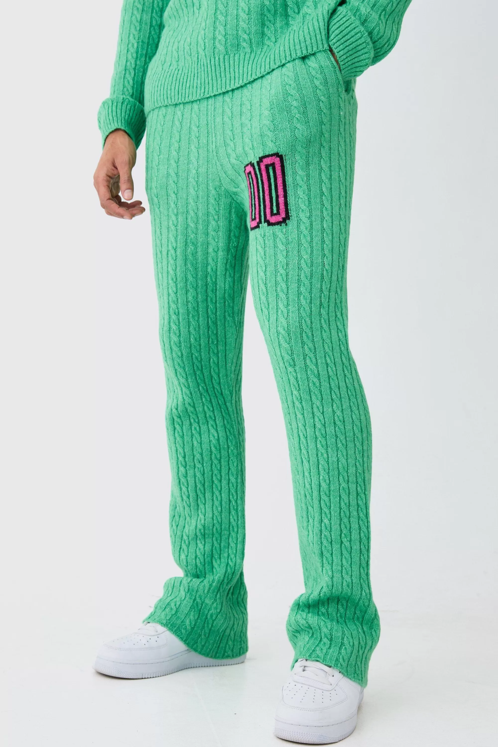 boohooMAN Slim Flare Brushed Cable Knit Joggers | UK