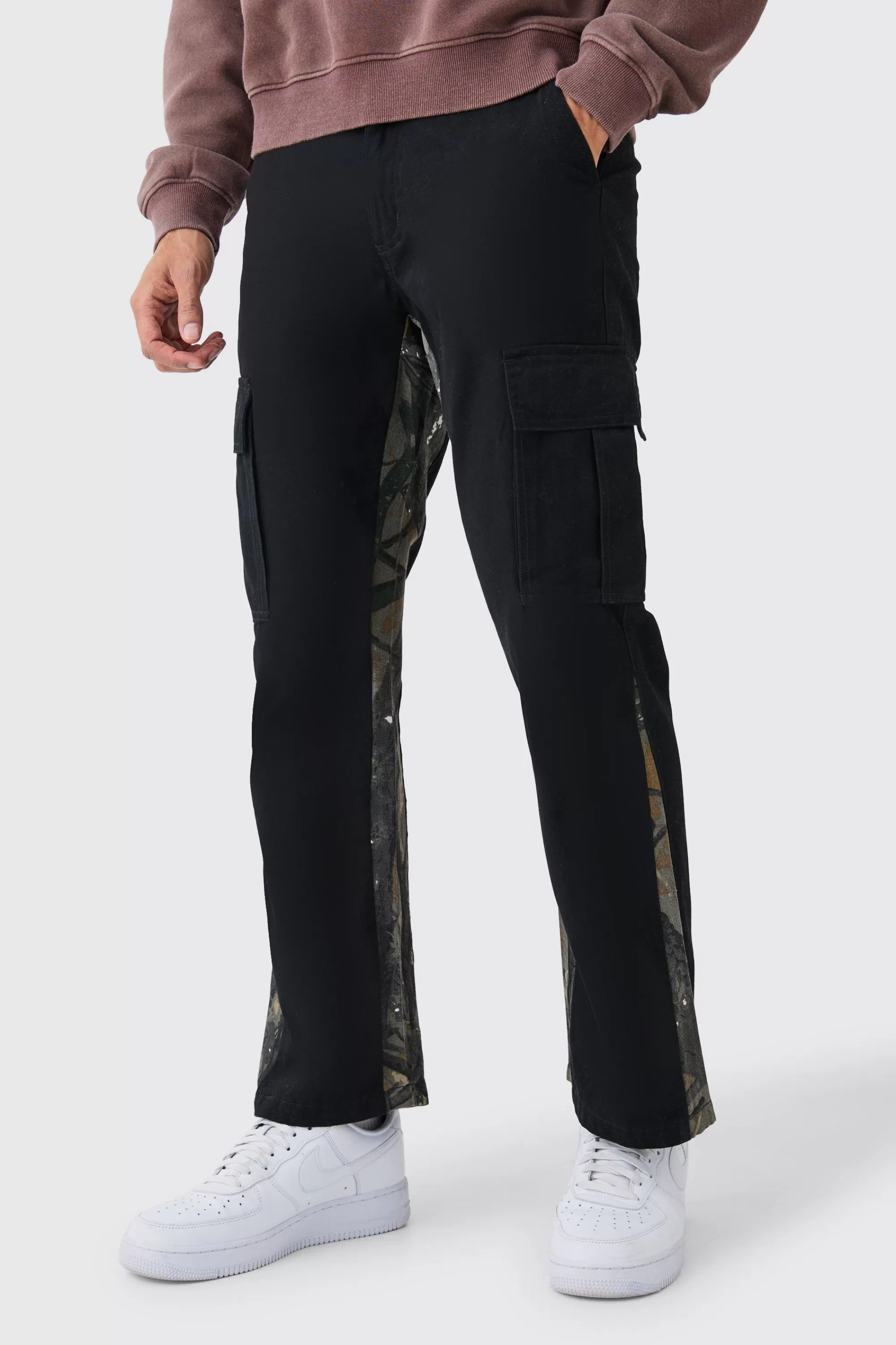 boohooMAN Slim Flare Forrest Camo Gusset Cargo Trouser | UK