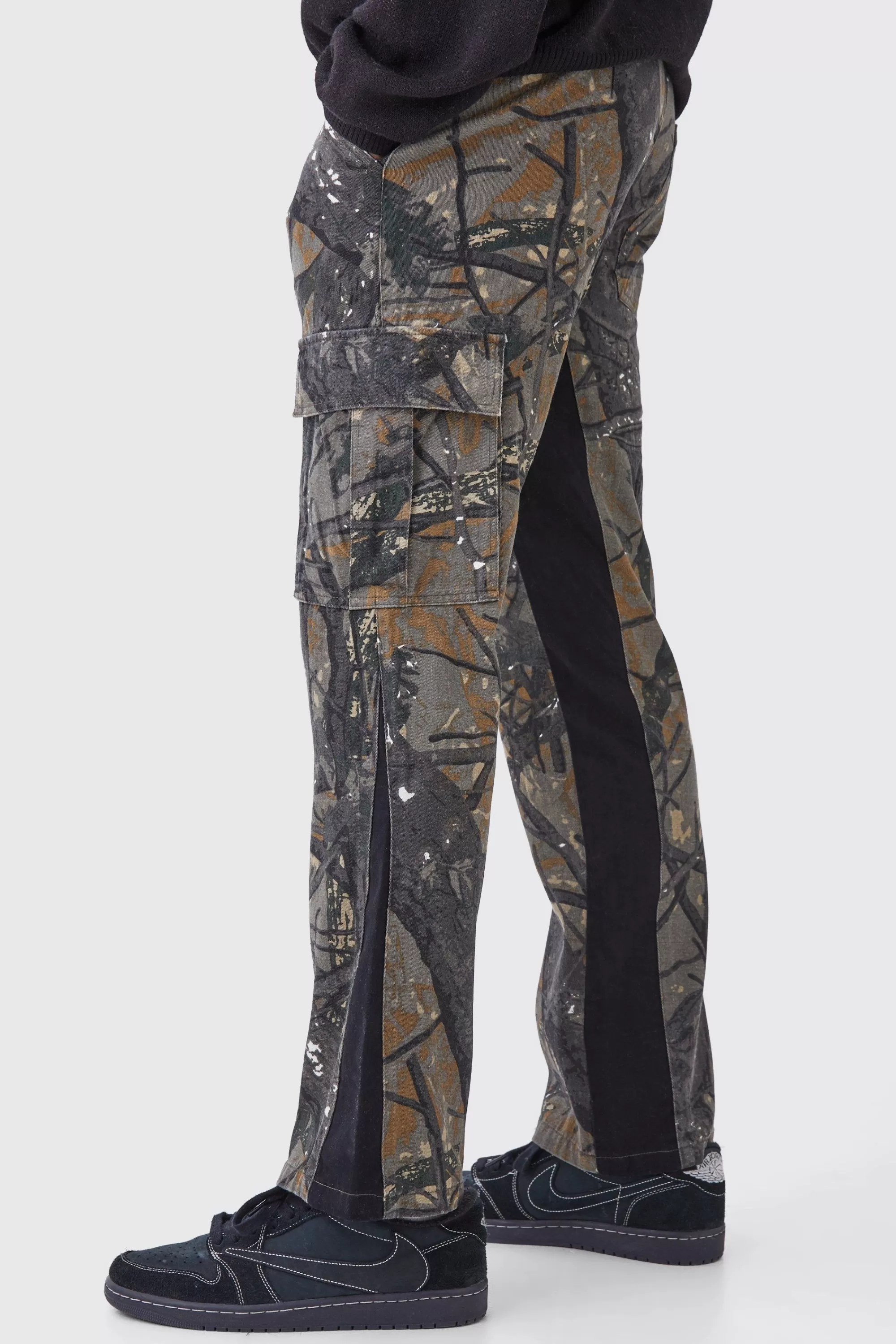 boohooMAN Slim Flare Forrest Camo Gusset Cargo Trouser | UK