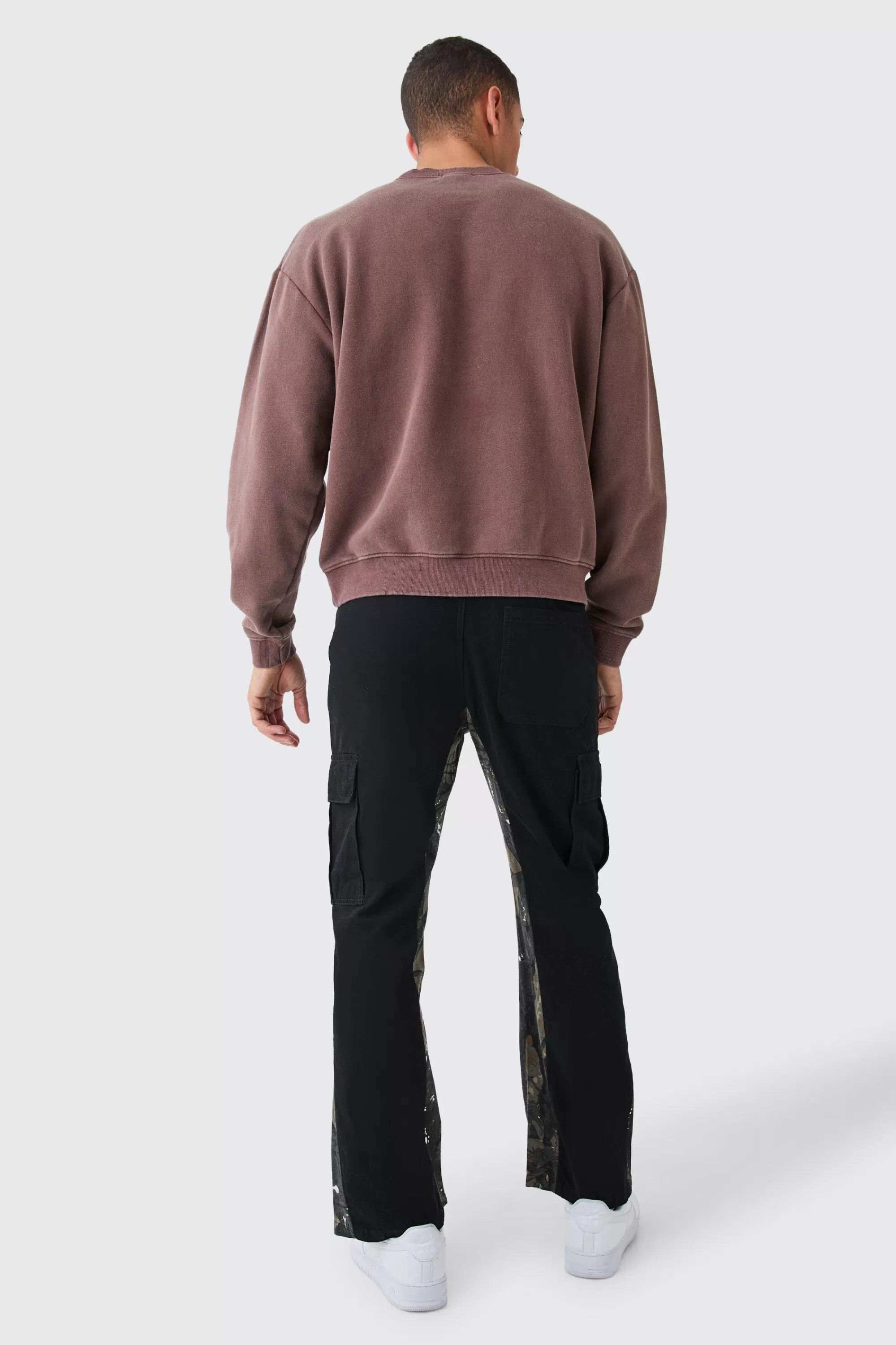 boohooMAN Slim Flare Forrest Camo Gusset Cargo Trouser | UK