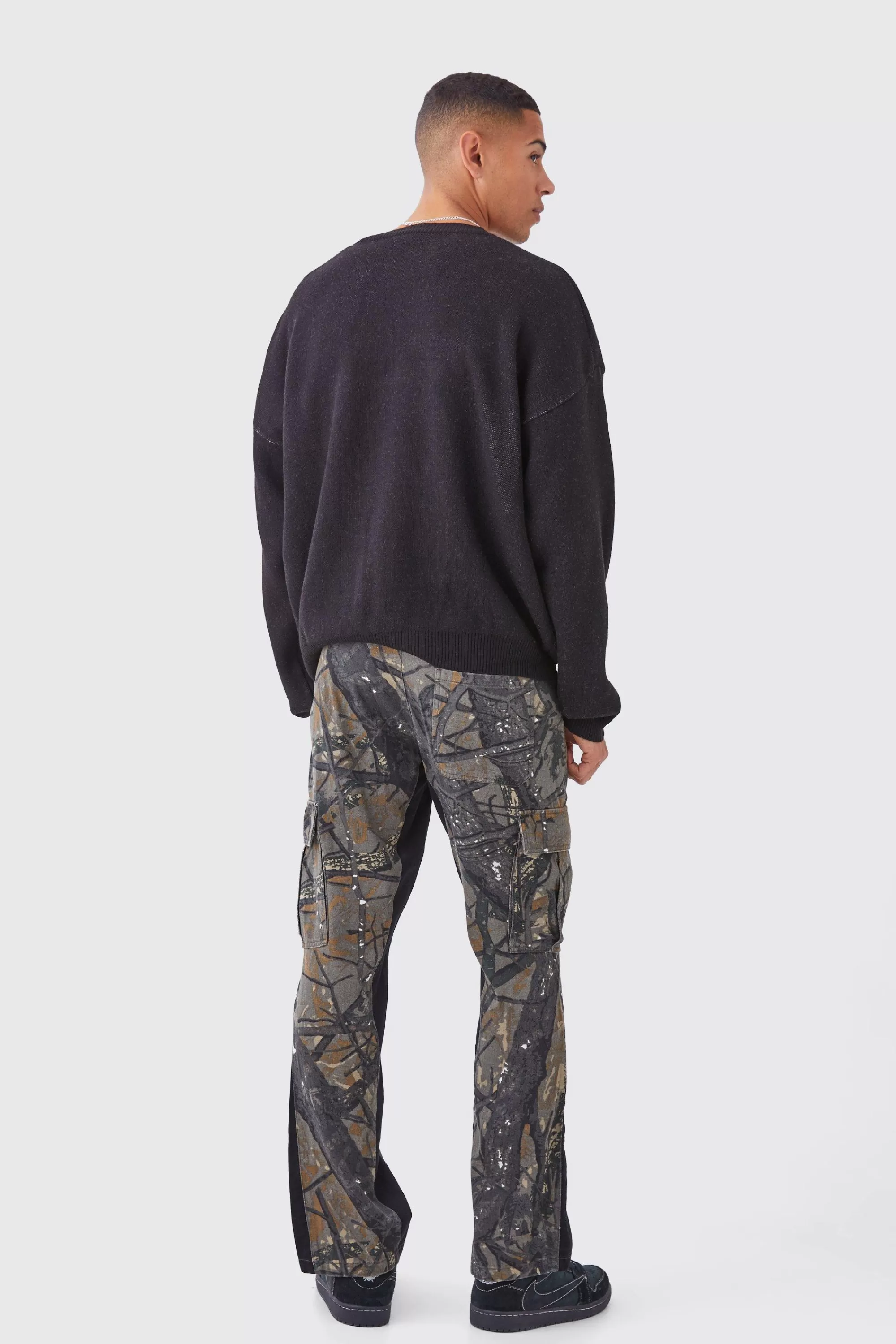 boohooMAN Slim Flare Forrest Camo Gusset Cargo Trouser | UK