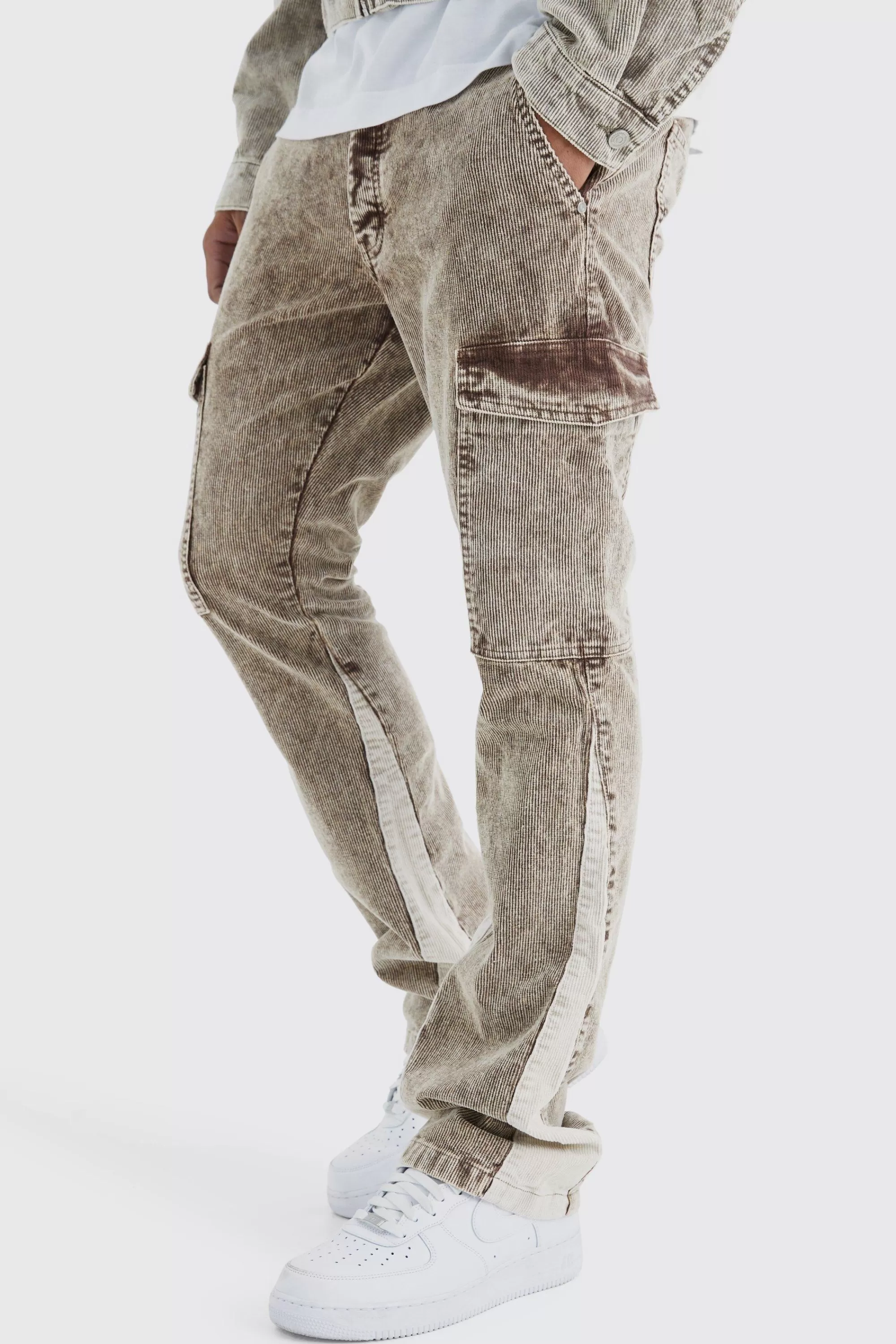 boohooMAN Slim Flare Gusset Corduroy Acid Wash Trouser | UK