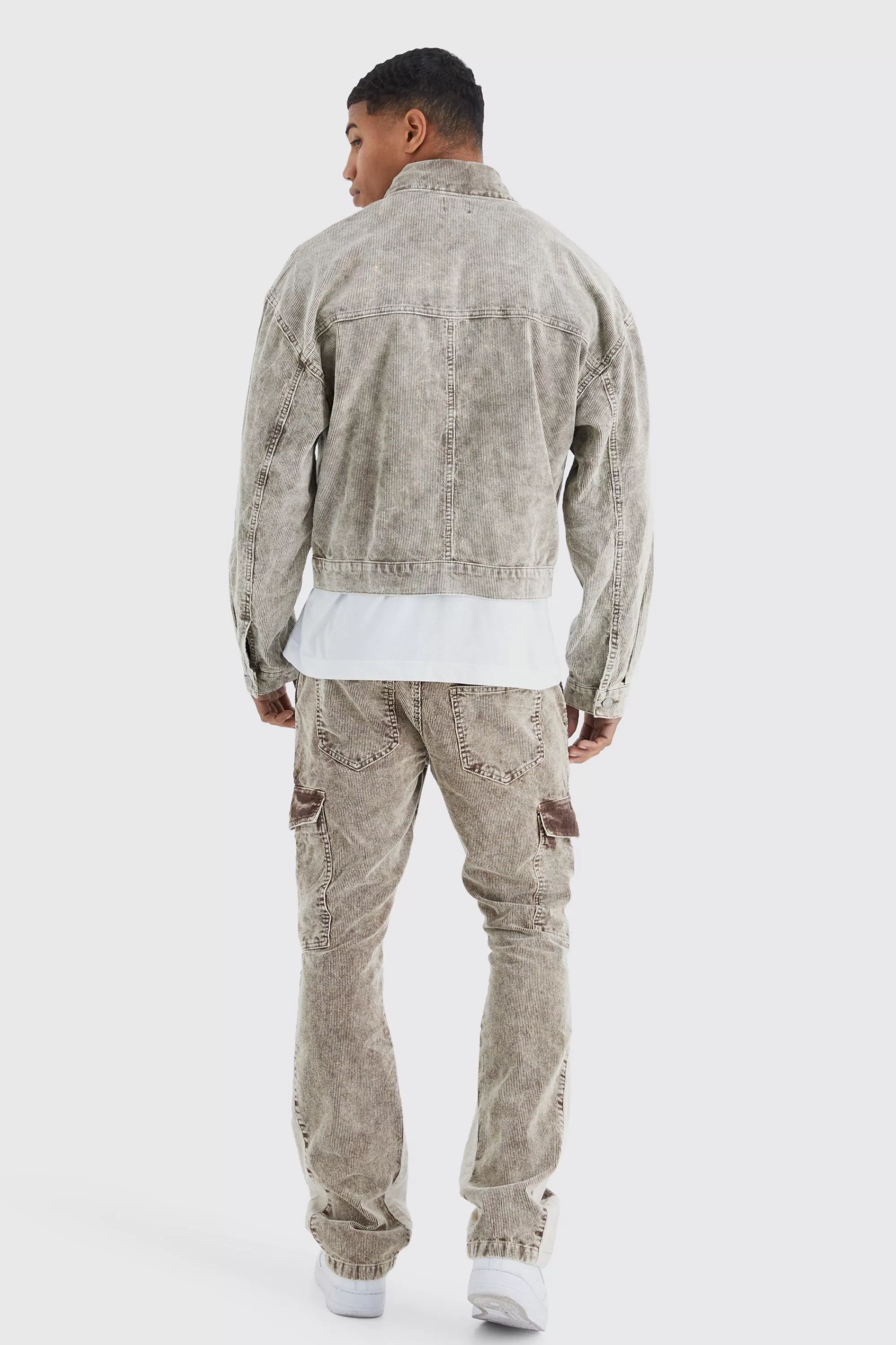 boohooMAN Slim Flare Gusset Corduroy Acid Wash Trouser | UK