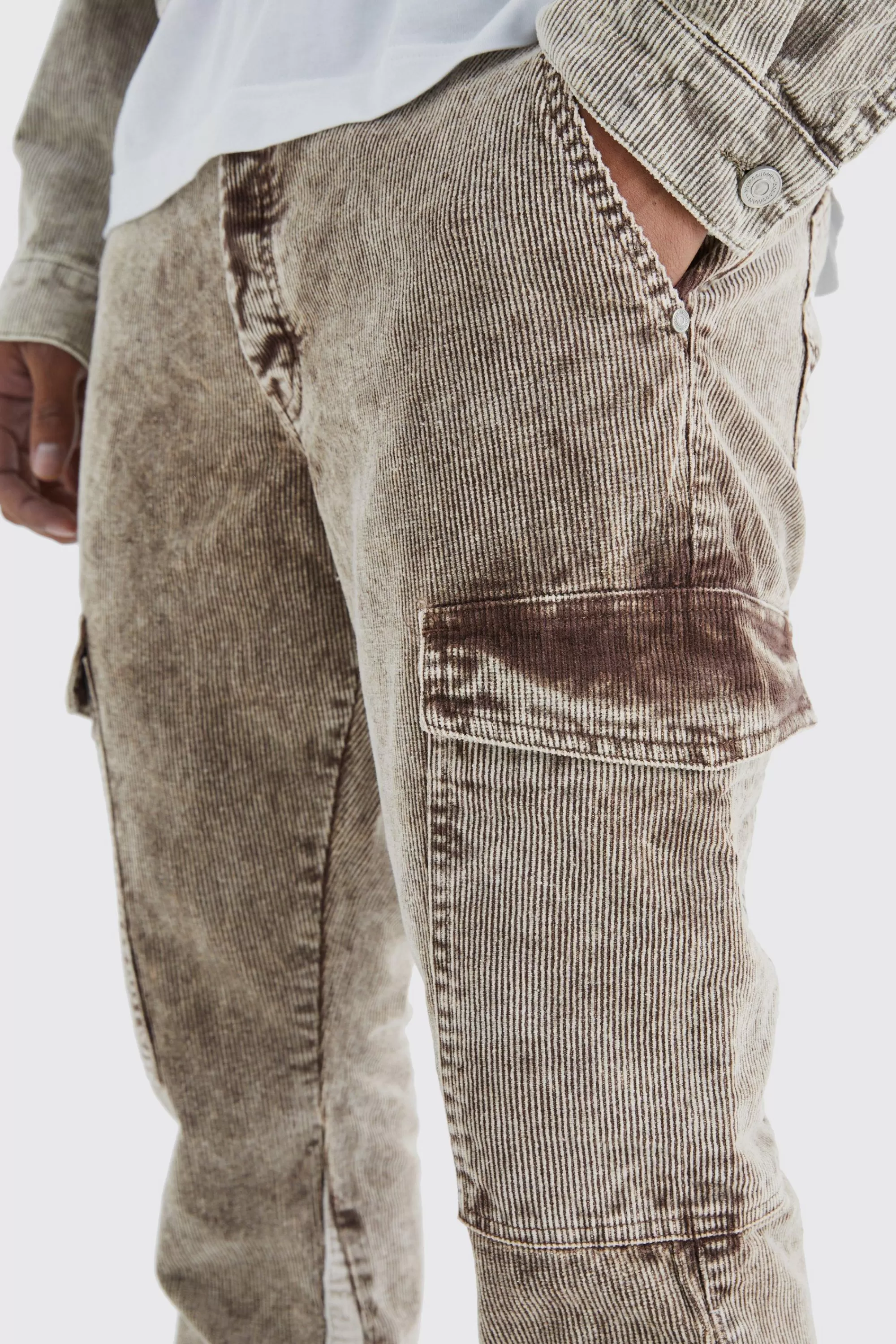 boohooMAN Slim Flare Gusset Corduroy Acid Wash Trouser | UK