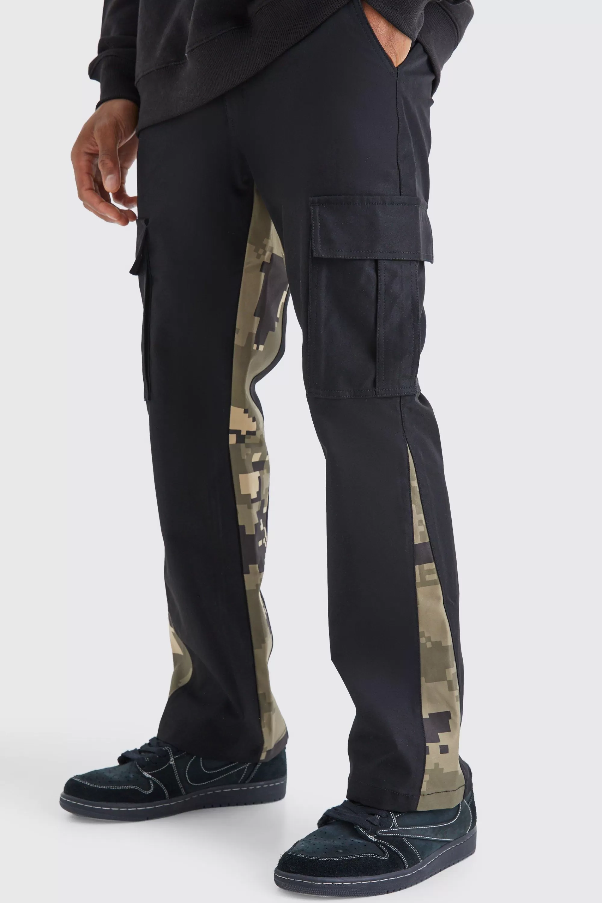 boohooMAN Slim Flare Pixel Camo Gusset Cargo Trouser | UK