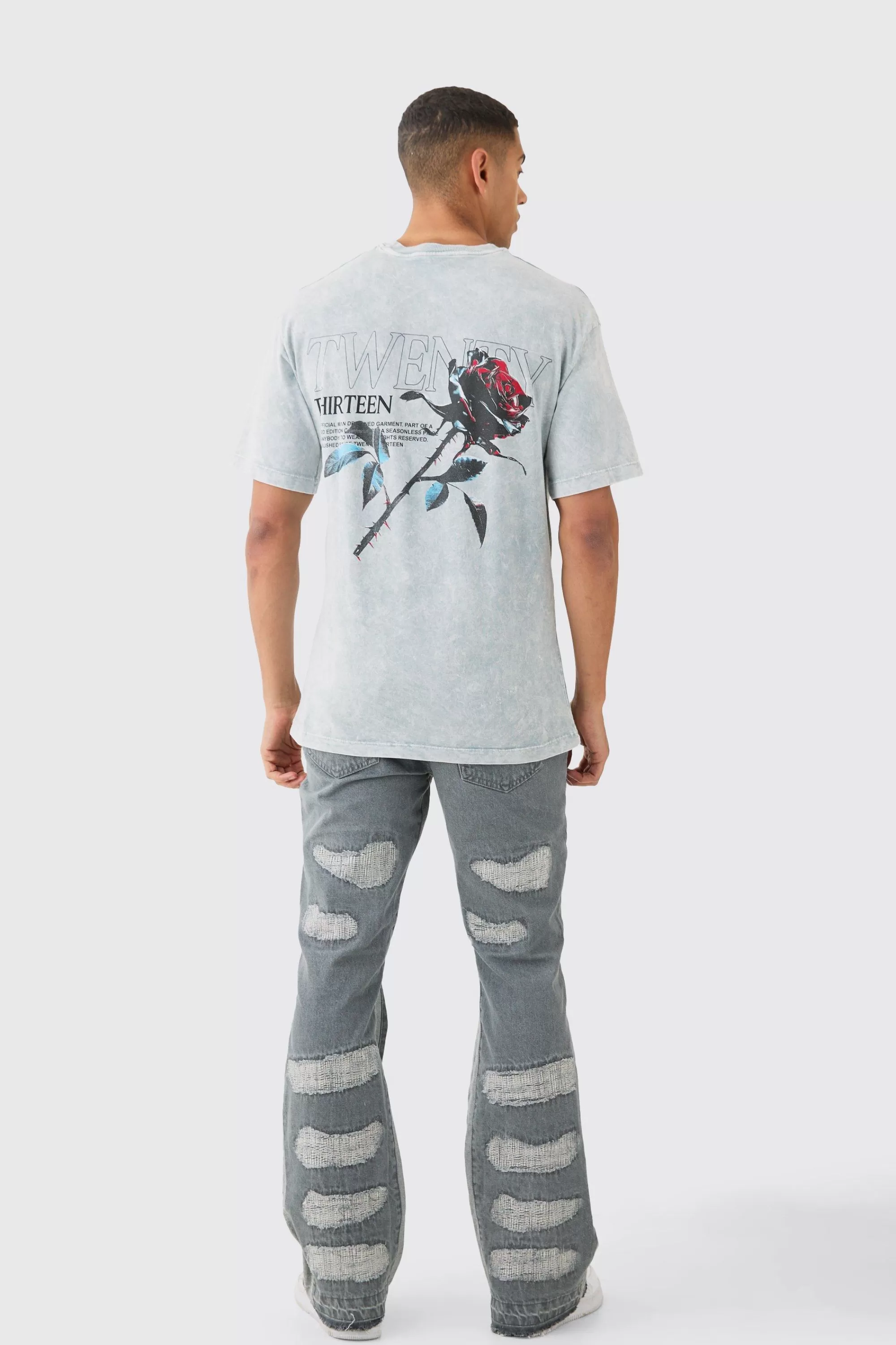 boohooMAN Slim Flare Rigid All Over Rip & Repaired Jeans In Antique | UK