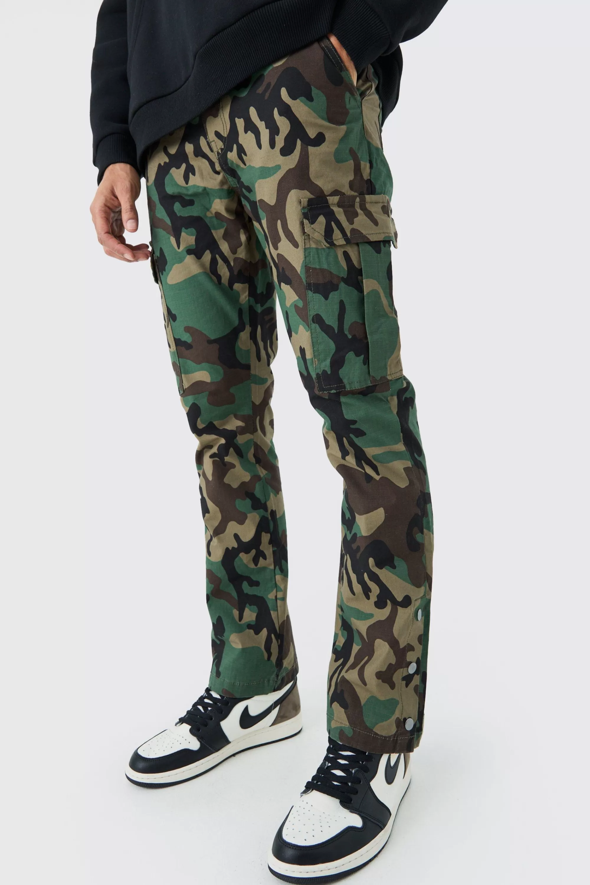 boohooMAN Slim Flare Ripstop Camo Cargo Trouser With Popper Hem | UK