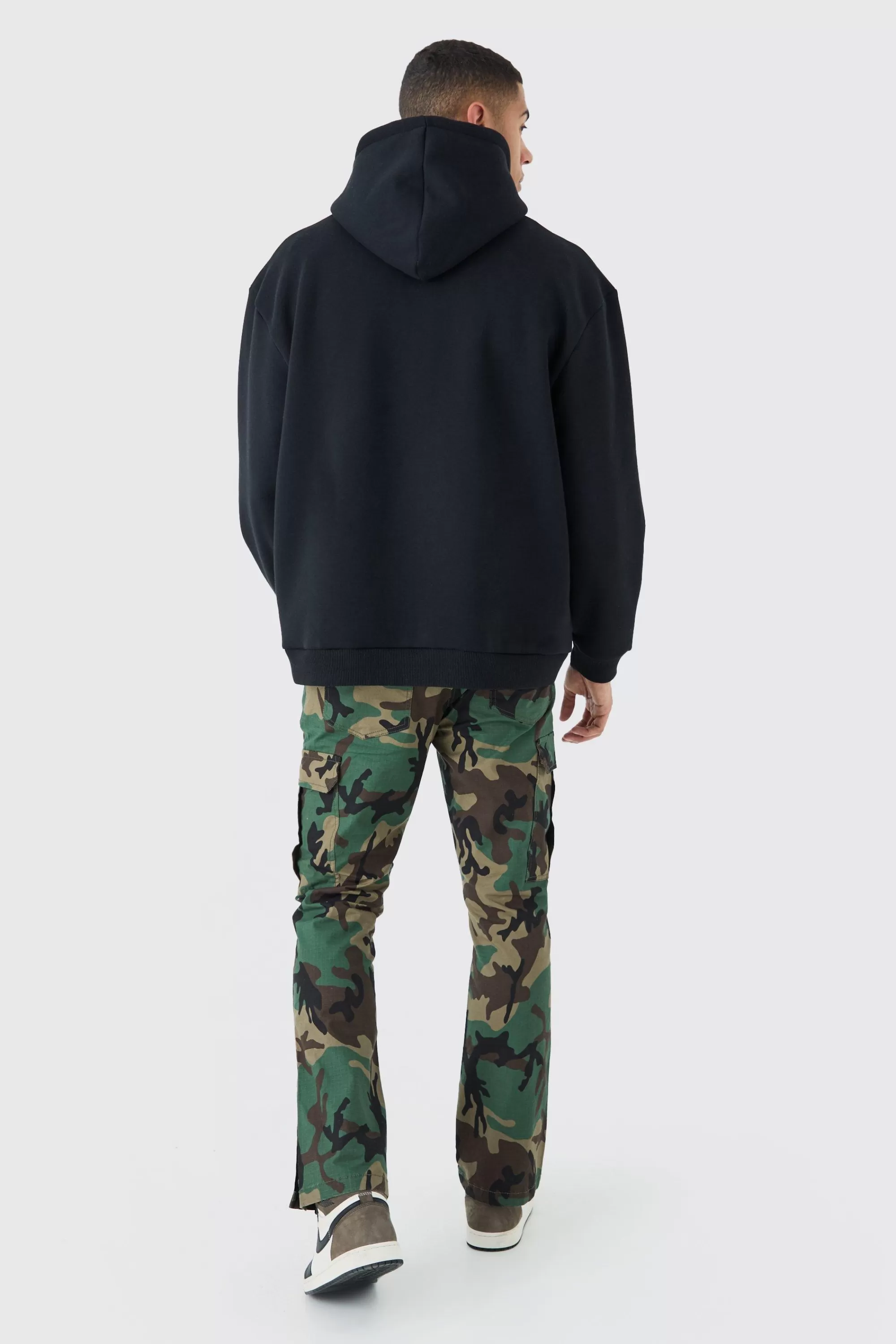 boohooMAN Slim Flare Ripstop Camo Cargo Trouser With Popper Hem | UK