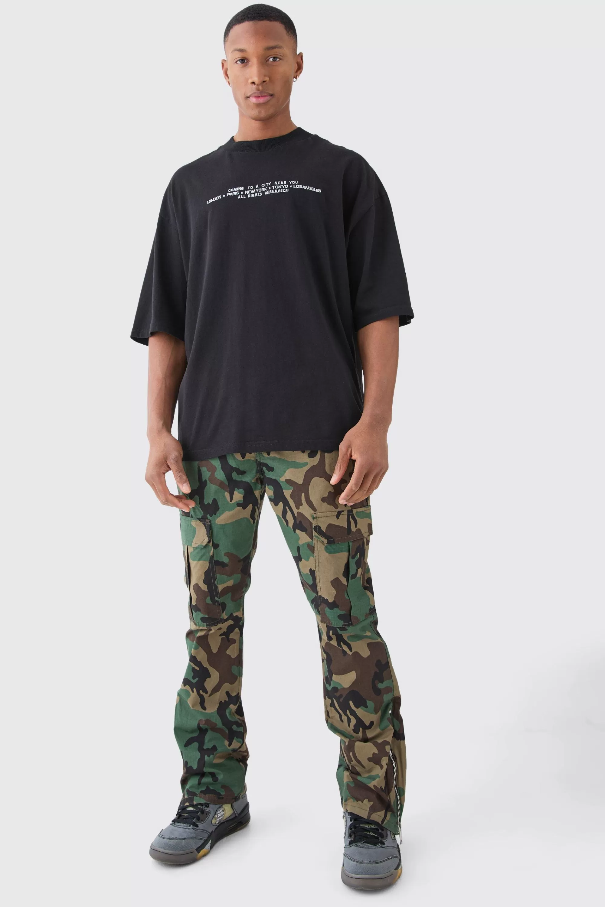 boohooMAN Slim Flare Ripstop Camo Cargo Trouser With Zip Gusset | UK