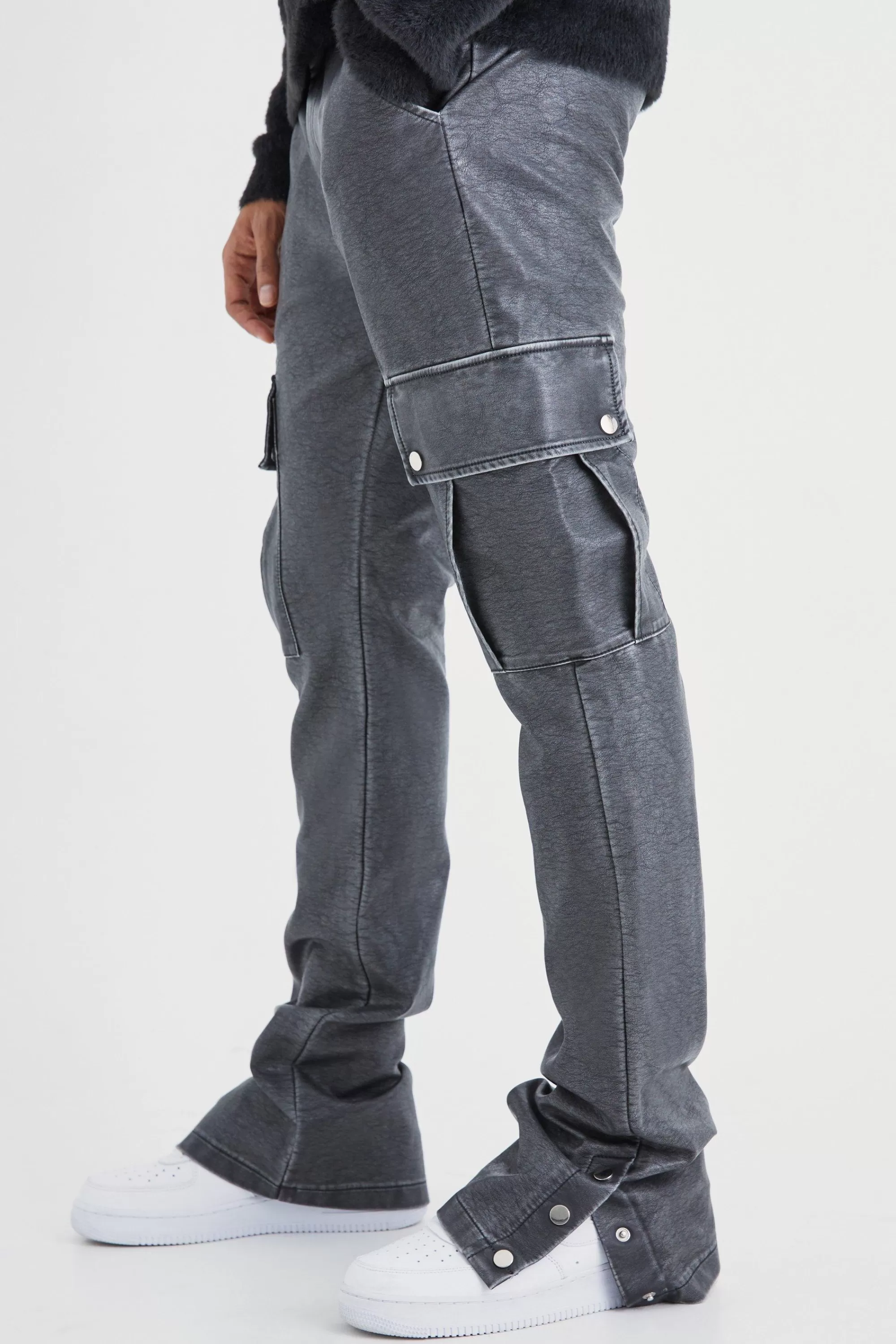 boohooMAN Slim Flare Washed Pu Cargo Popper Hem Trouser | UK