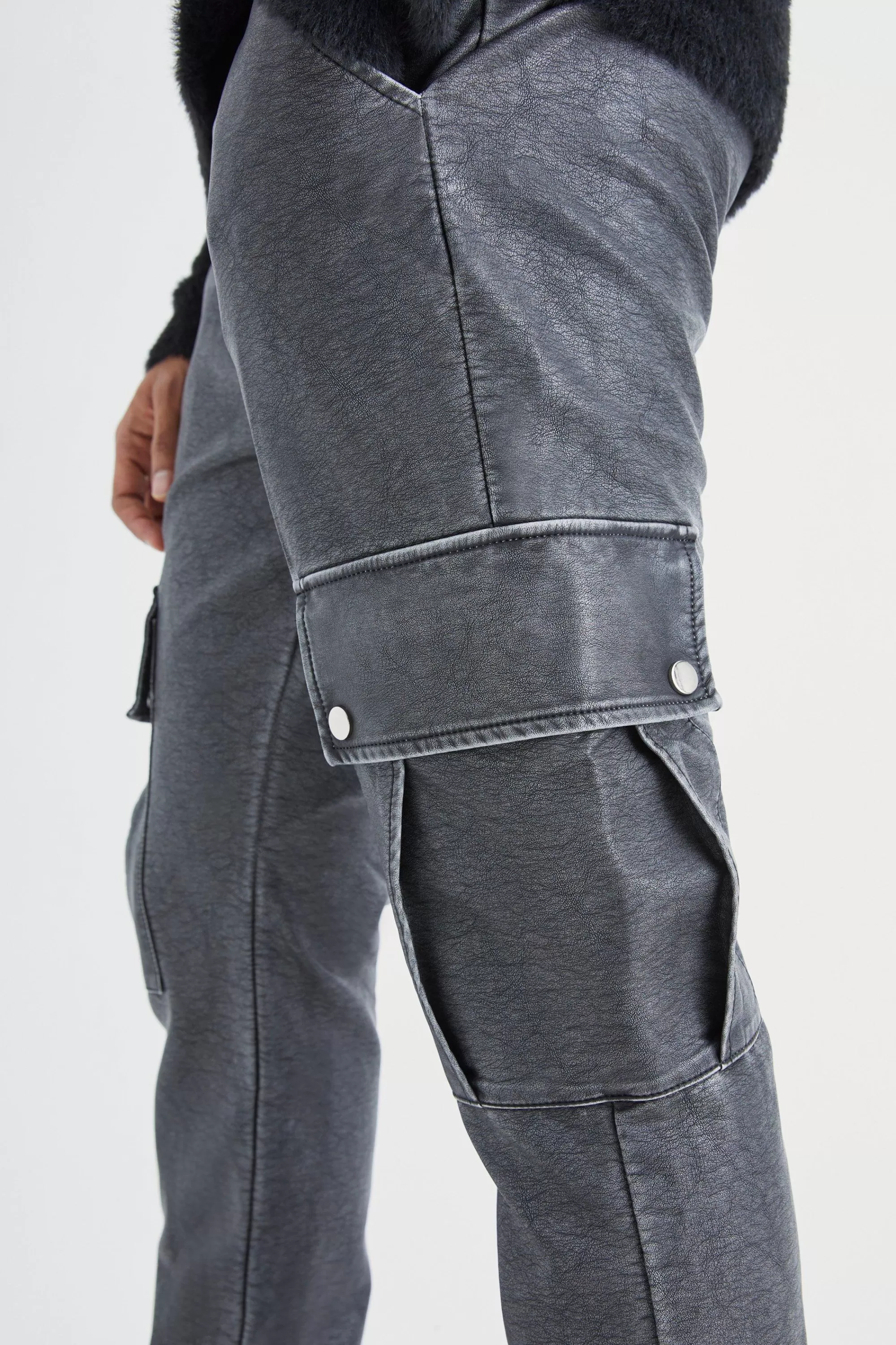 boohooMAN Slim Flare Washed Pu Cargo Popper Hem Trouser | UK
