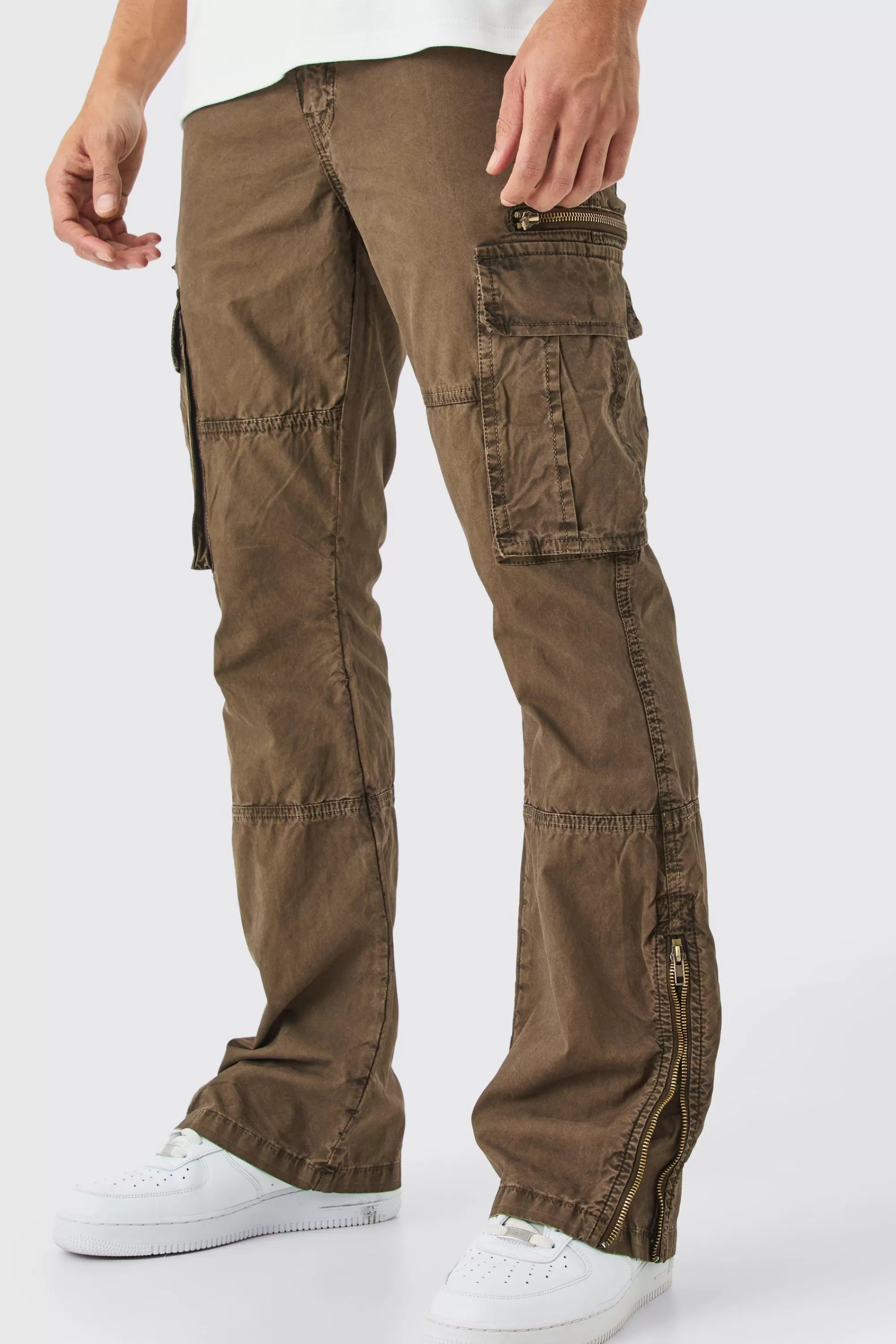 boohooMAN Slim Flare Zip Gusset Overdye Acid Wash Cargo Trouser | UK