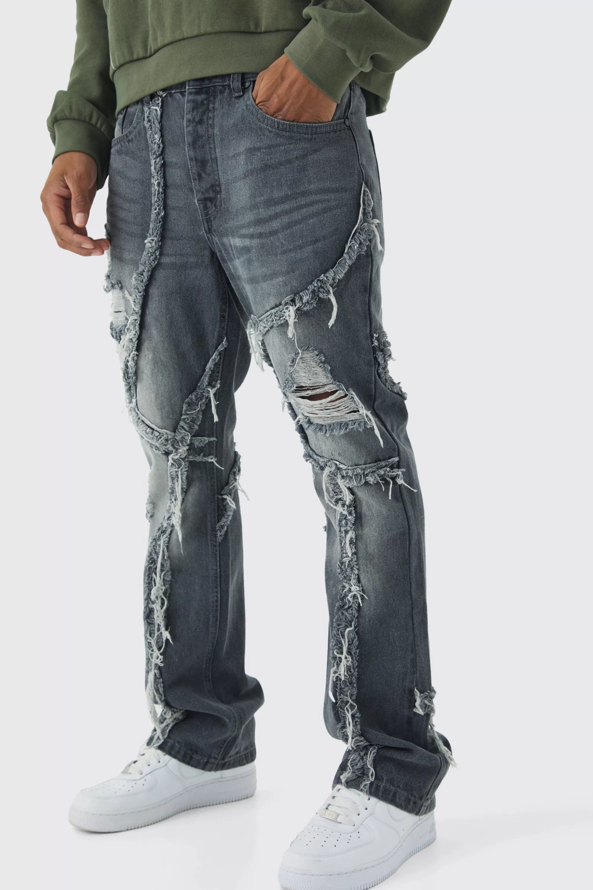 boohooMAN Slim Flared Patchwork Distressed Jeans | UK