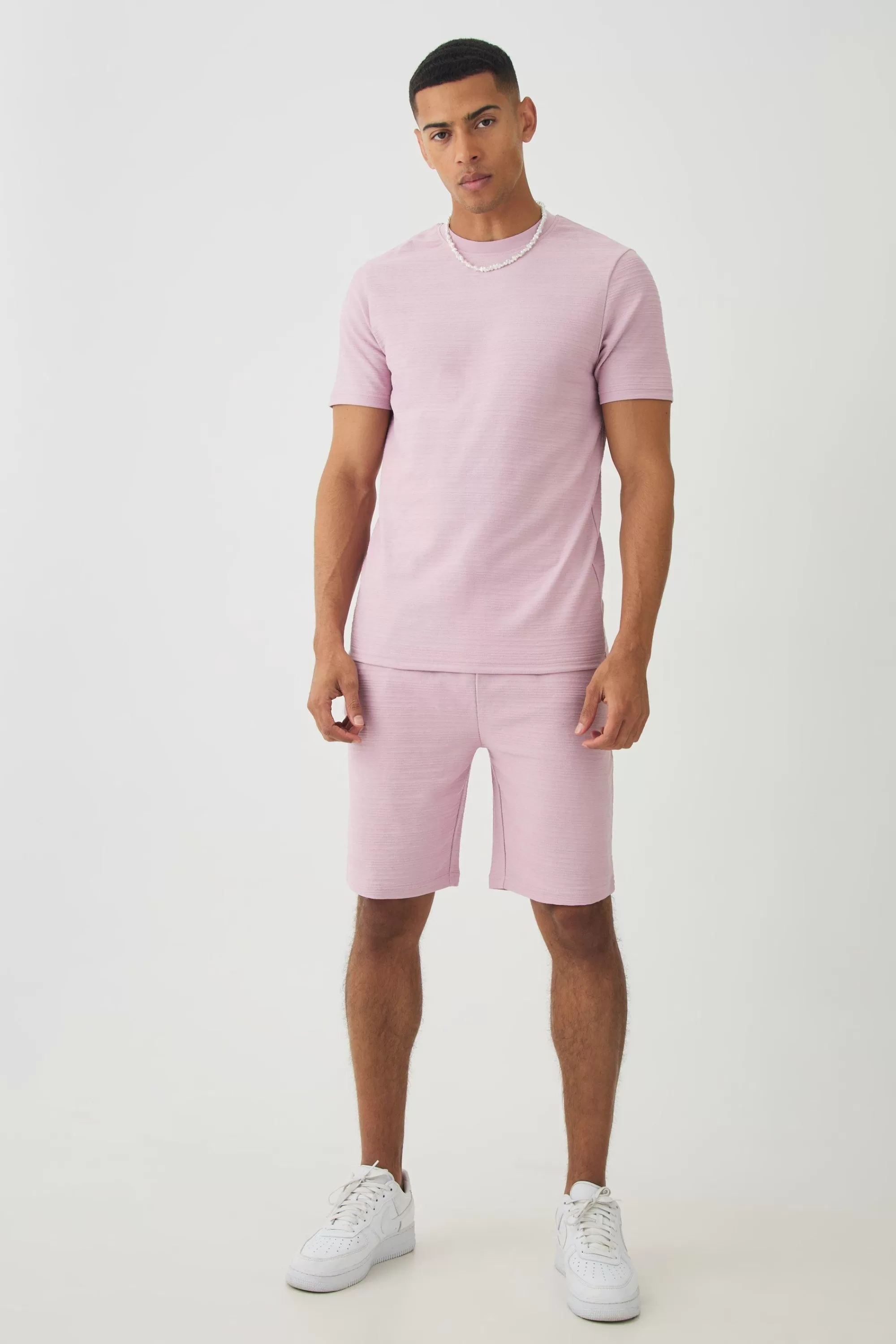 boohooMAN Slim Jacquard Stripe T-shirt & Short Set | UK
