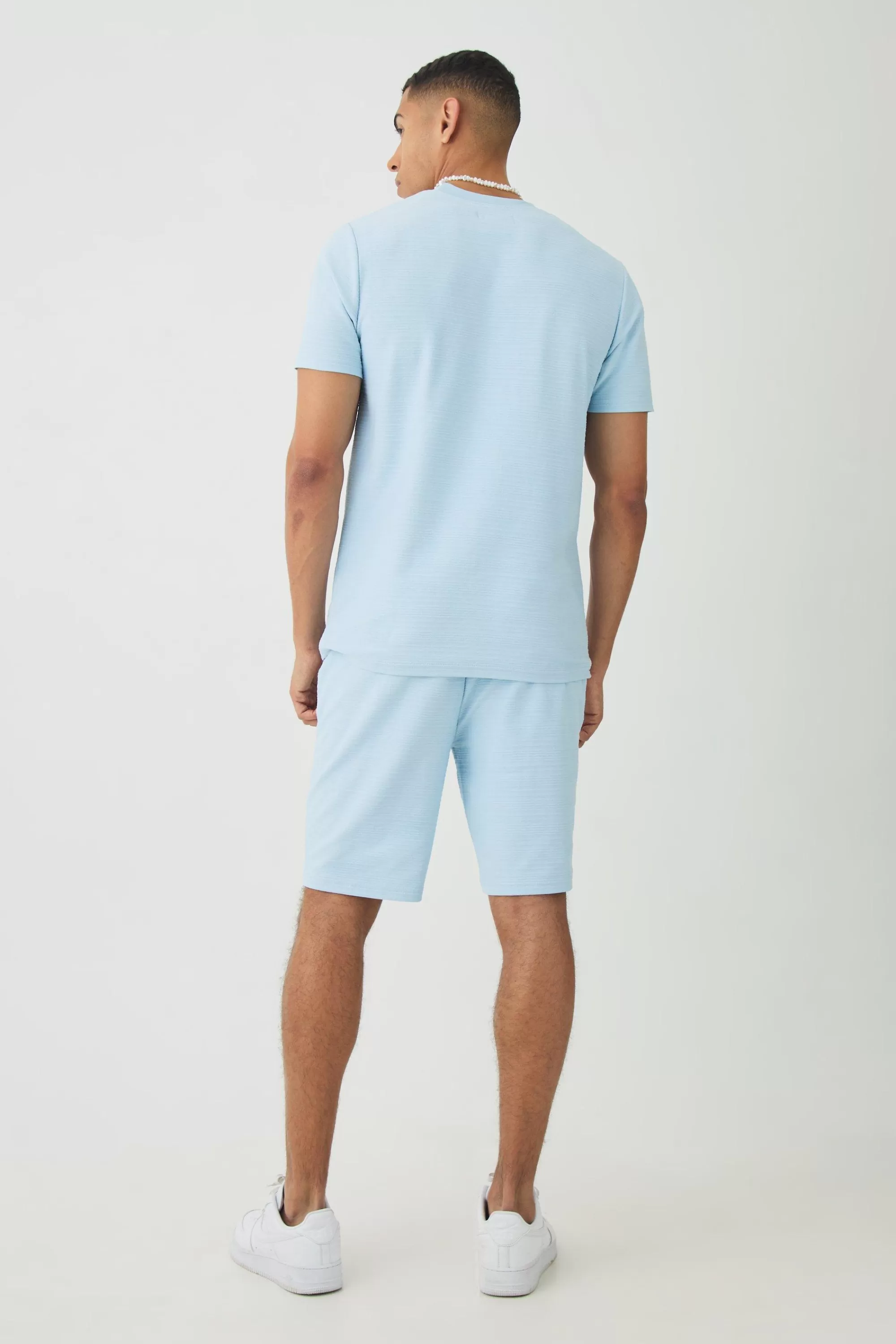 boohooMAN Slim Jacquard Stripe T-shirt & Short Set | UK